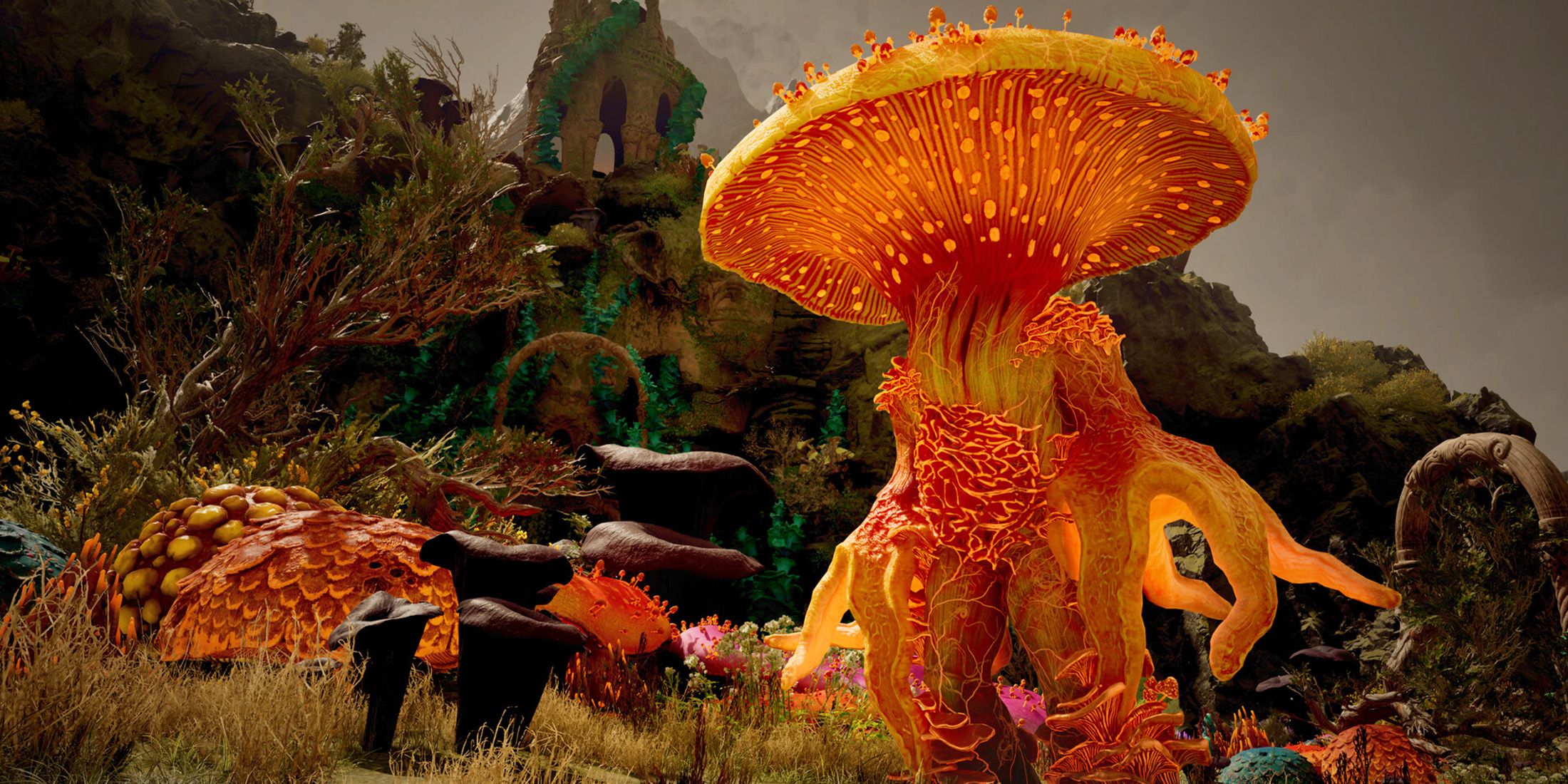 Avowed orange red mushroom thing creature promo screenshot