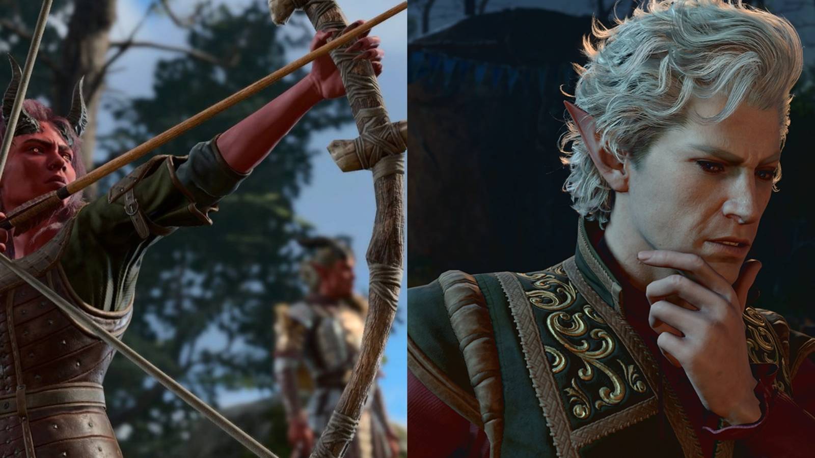 Baldur's Gate 3 collage with a tiefling aiming a bow, and Astarion thinking gesture