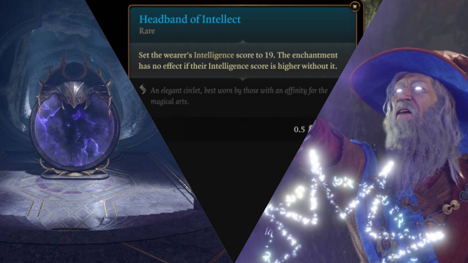 Baldur's Gate 3 collage with the Mirror of Loss, Headband of Intellect, and Elminster