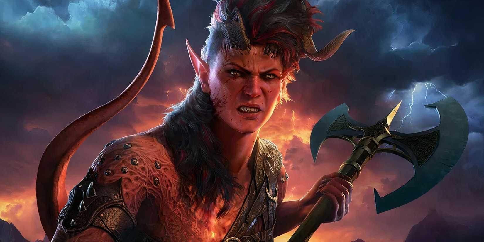 Karlach holding an axe with a storm in the background in Baldur's Gate 3