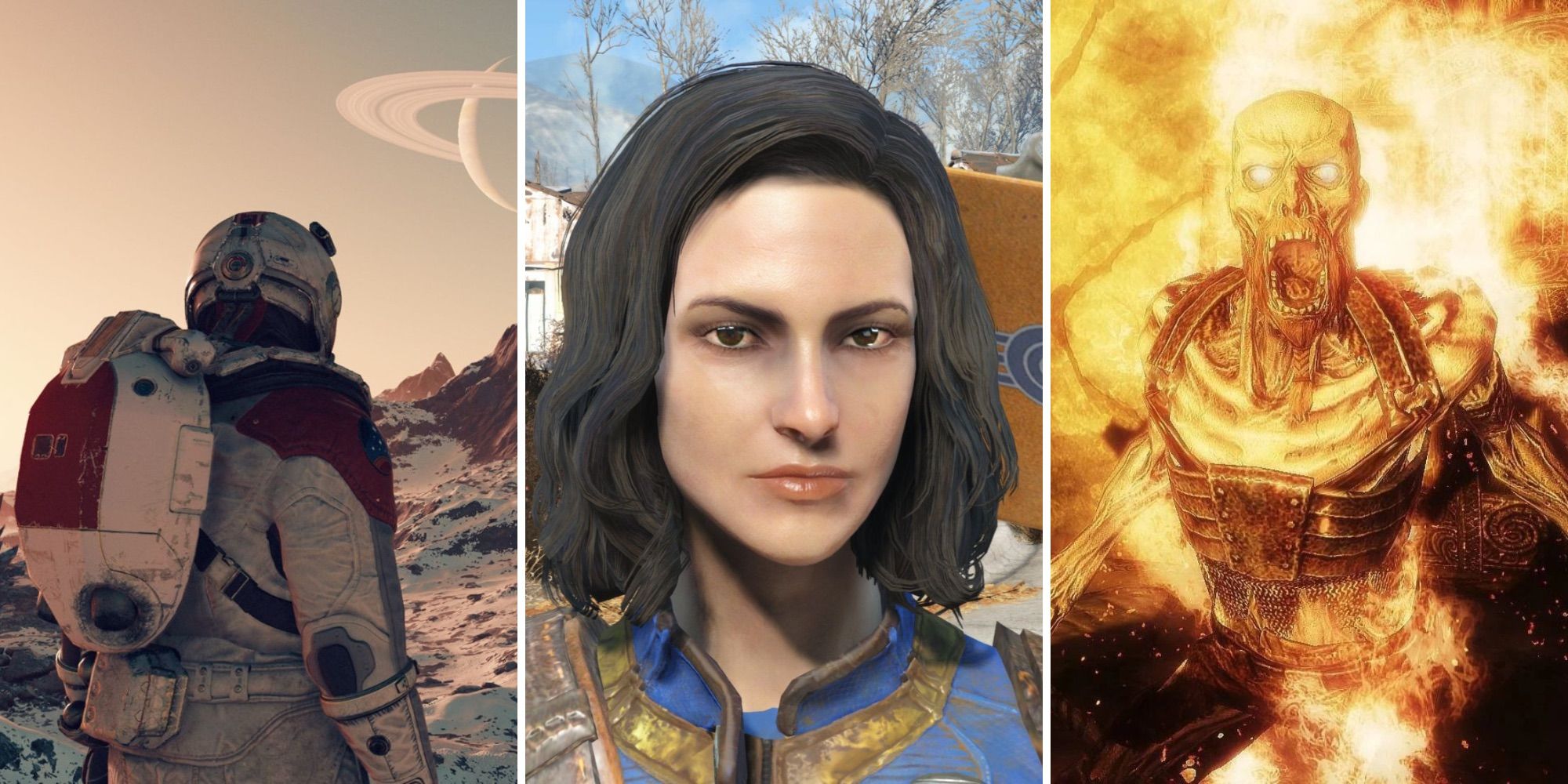 A grid of the Bethesda games Starfield, Fallout 4, and Skyrim