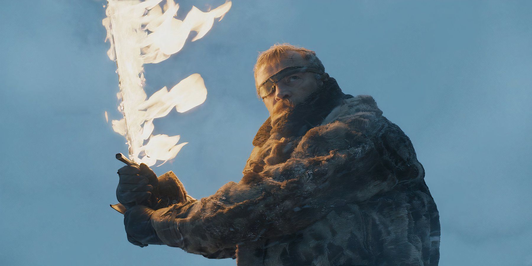 Beric Dondarrion with his flaming sword facing off against the White Walkers in Game of Thrones