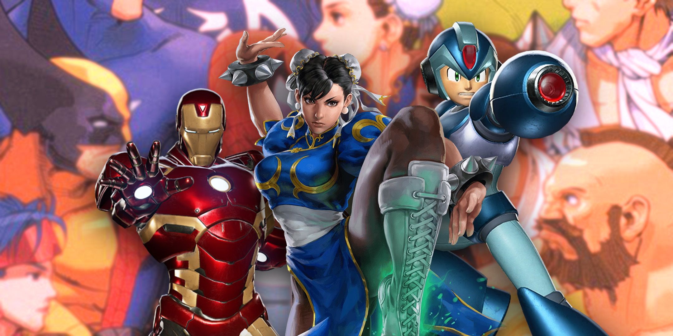 Iron Man, Chun Li, and Mega Man X against a background of Marvel Heroes