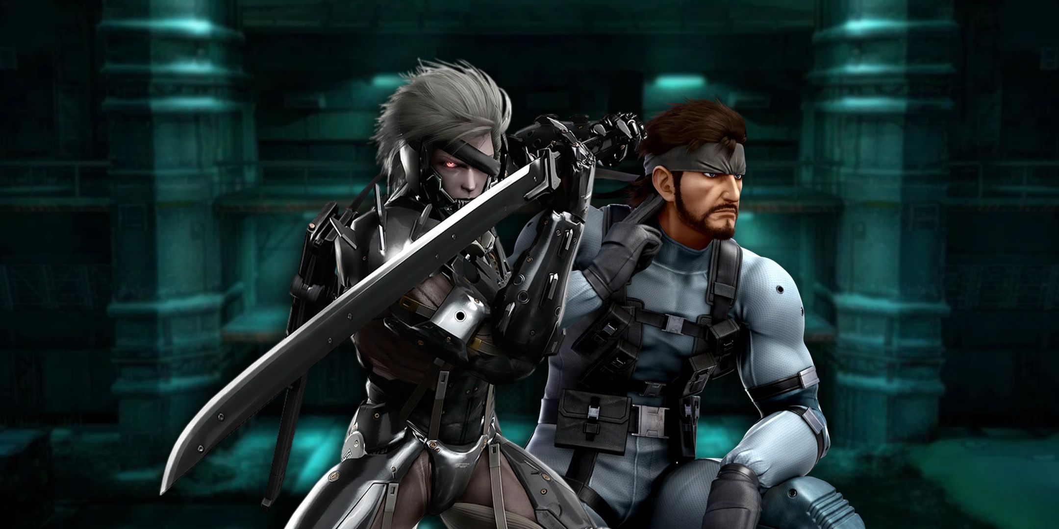 Raiden and Solid Snake standing together on Shadow Moses Island