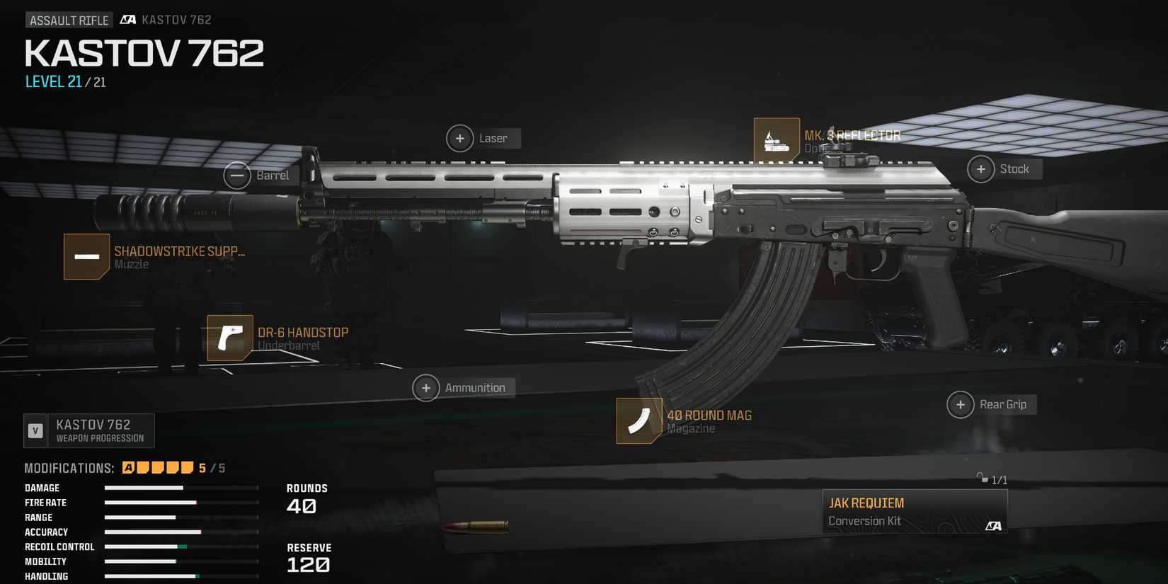 Screenshot showcasing the best JAK Requiem Kastov 762 build for Modern Warfare 3