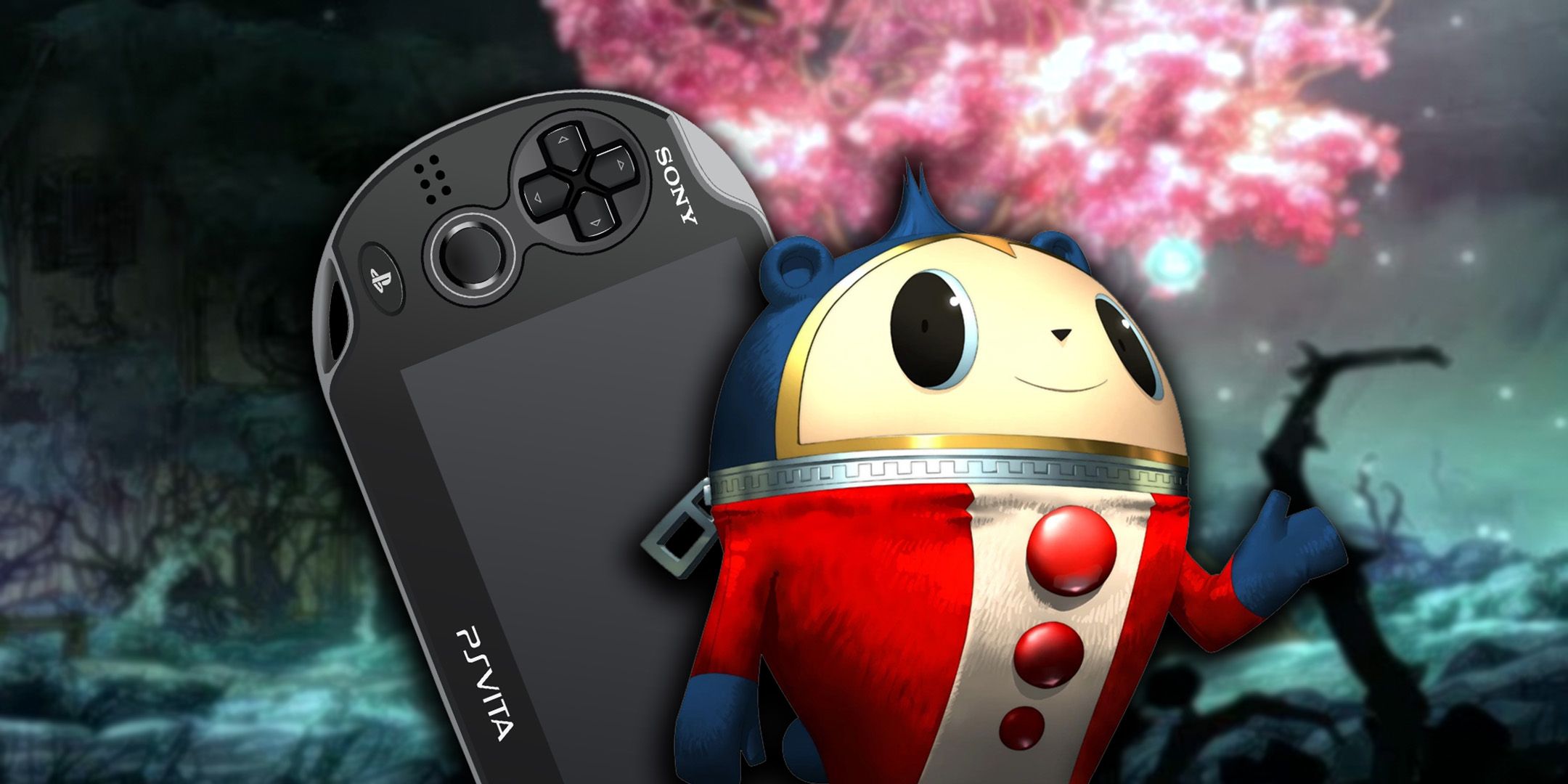 Teddie from Persona 4 standing next to a Vita in the world of Child of Light