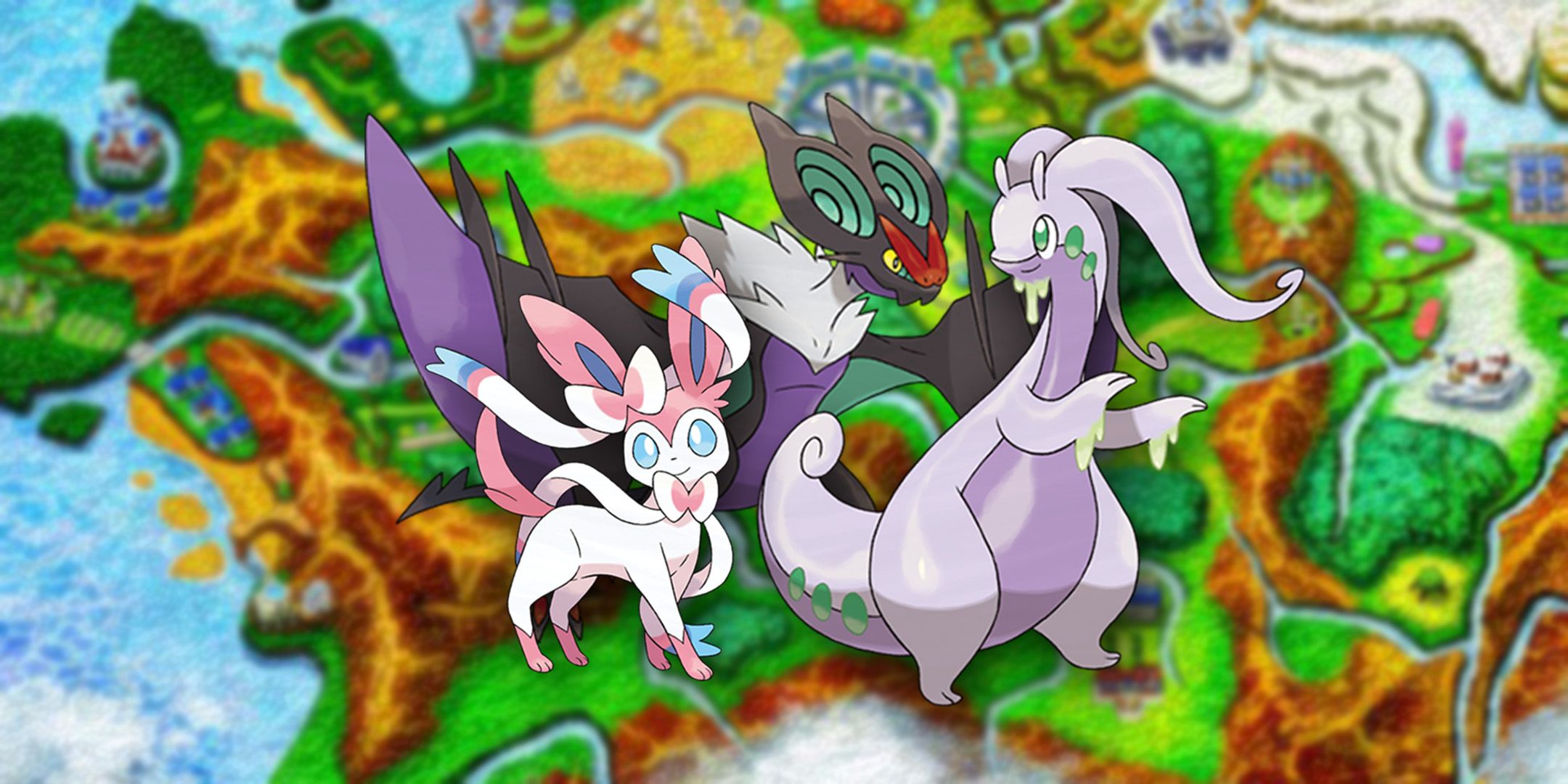 Sylveon, Noivern, and Goodra standing in front of a map of the Kalos region