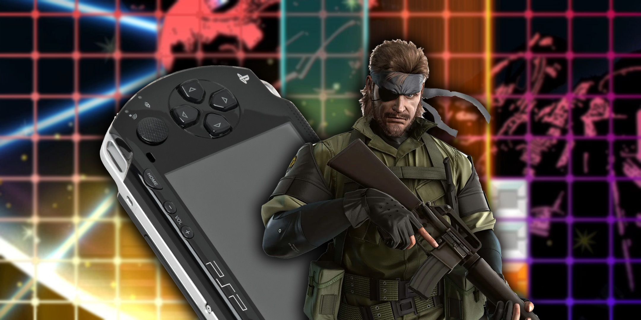 Big Boss Snake and PSP in front of Lumines Neon background