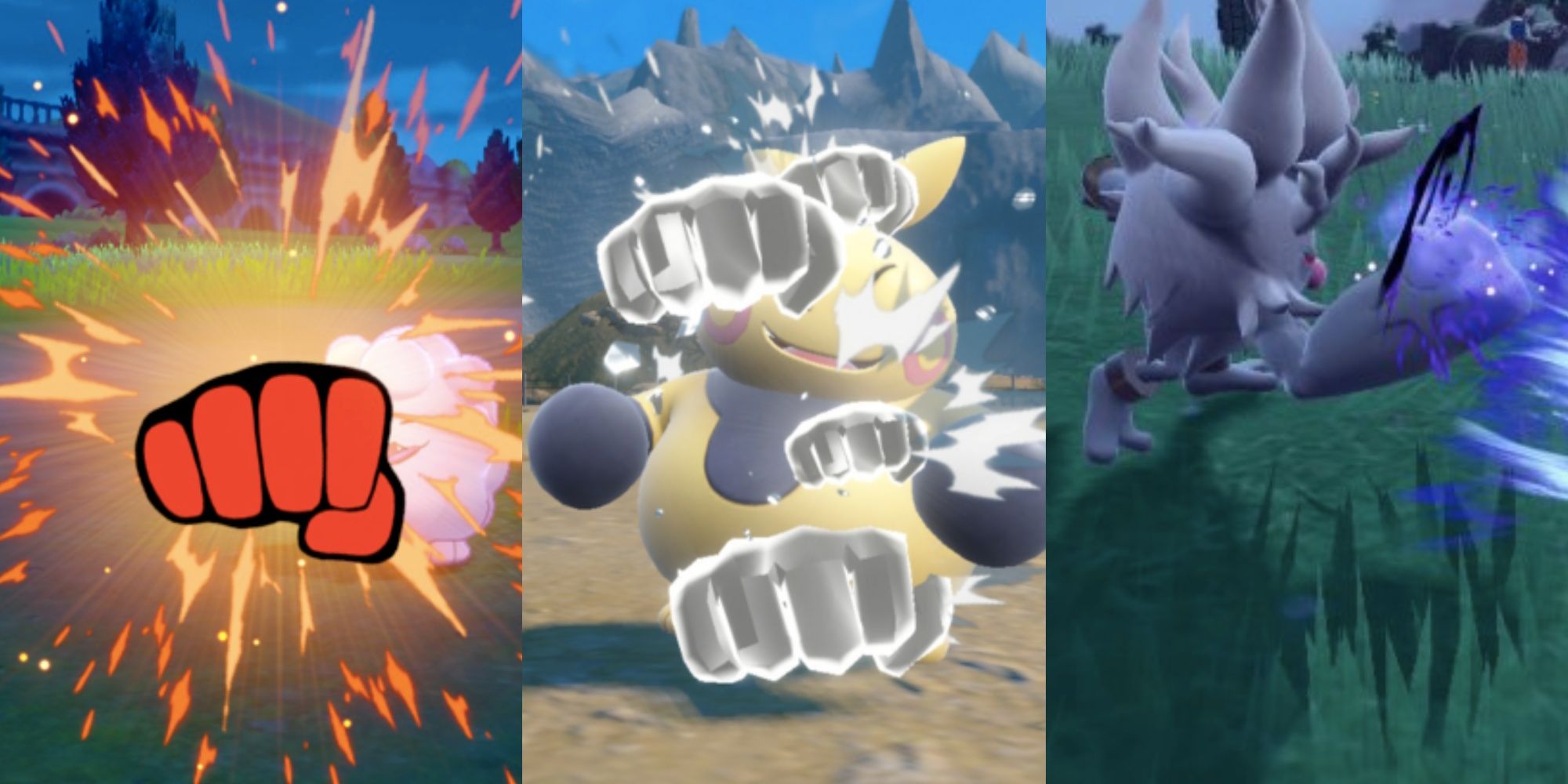 A collage showing Swrlix and Makuhita being hit by a punching moves, and Annihilape using one