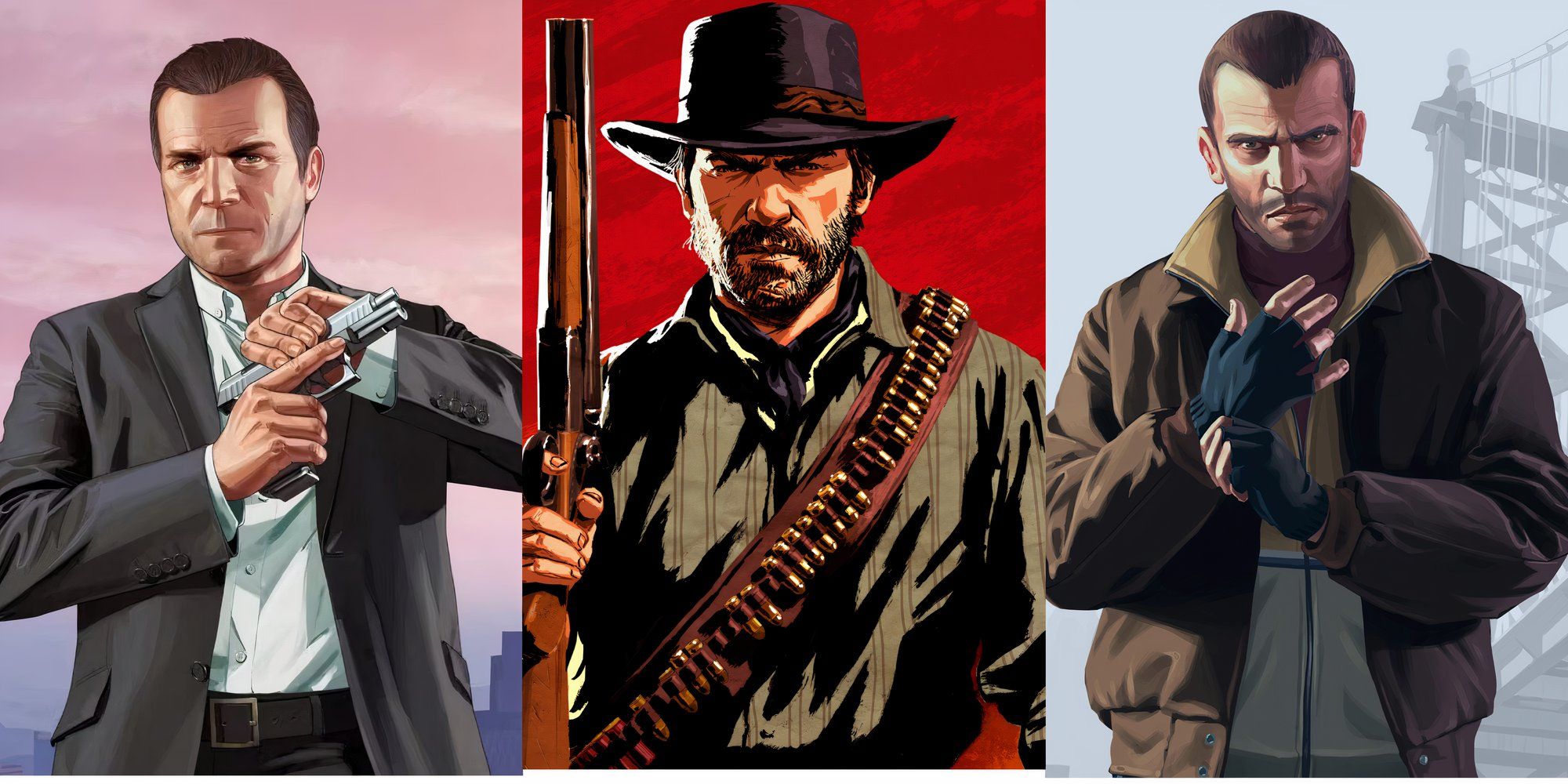 A collage featuring characters from Grand Theft Auto and Red Dead Redemption