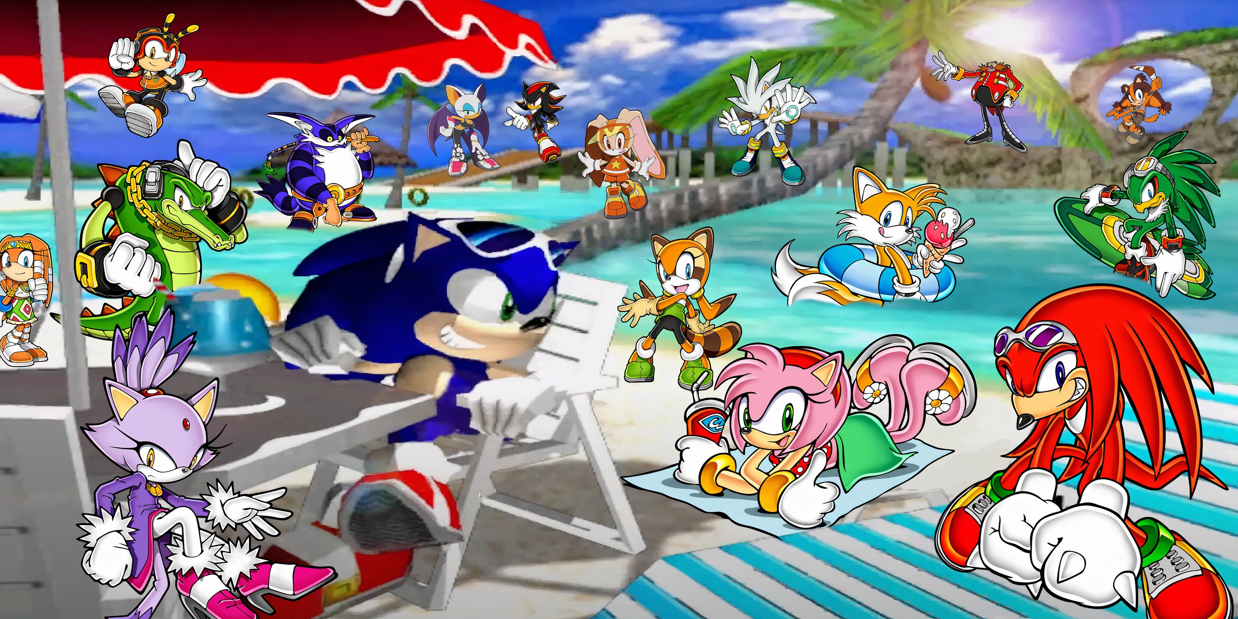The ending image from Sonic's story in Sonic Adventure, with multiple Sonic characters spaced around in it.