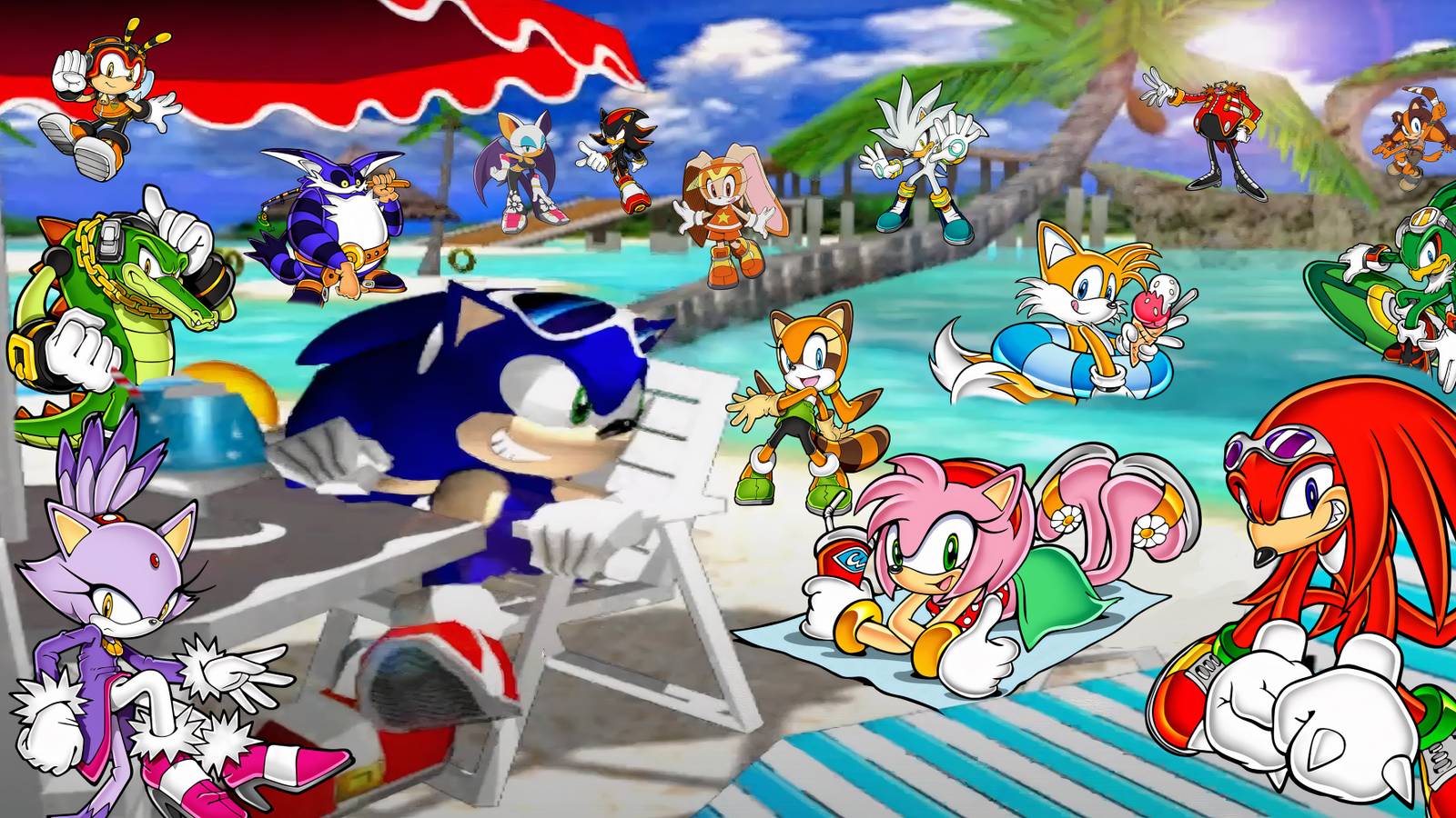 The ending image from Sonic's story in Sonic Adventure, with official artwork of multiple Sonic characters spaced around in it.