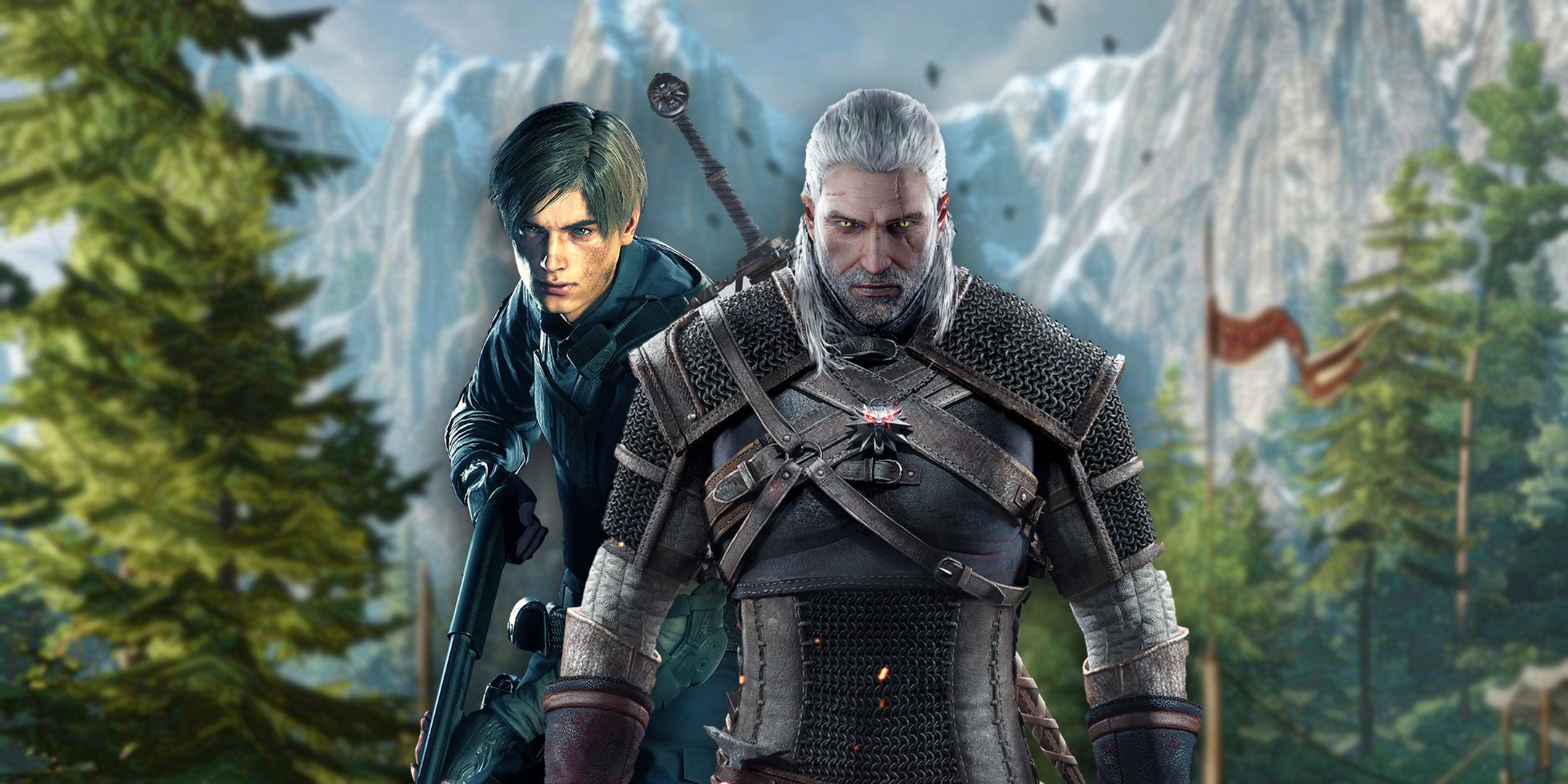 Geralt and Leon Kennedy in a forest from the Witcher