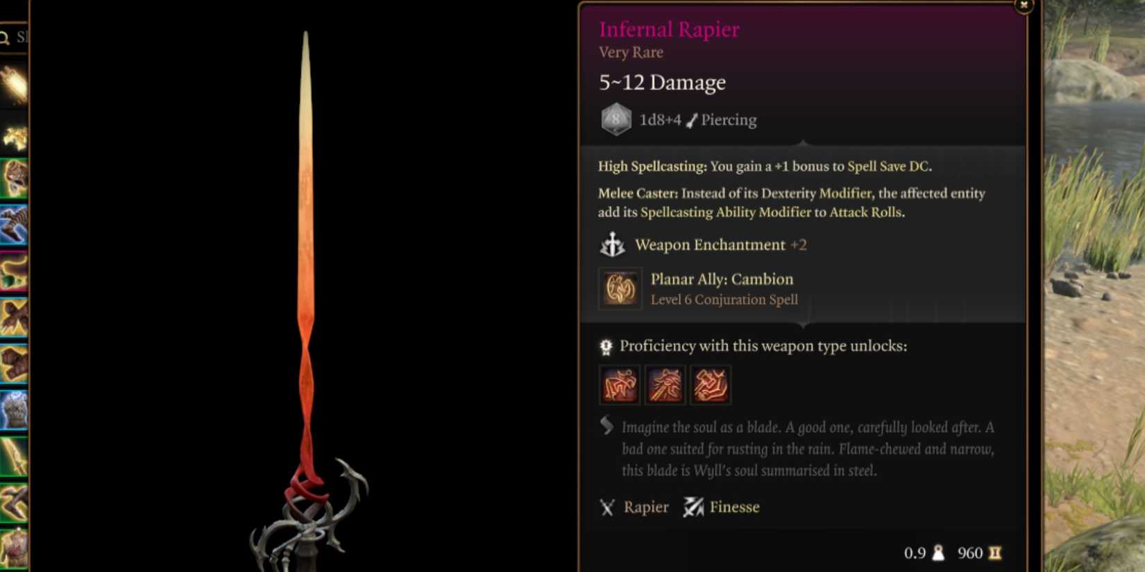 BG3 Infernal Rapier in-game item menu description