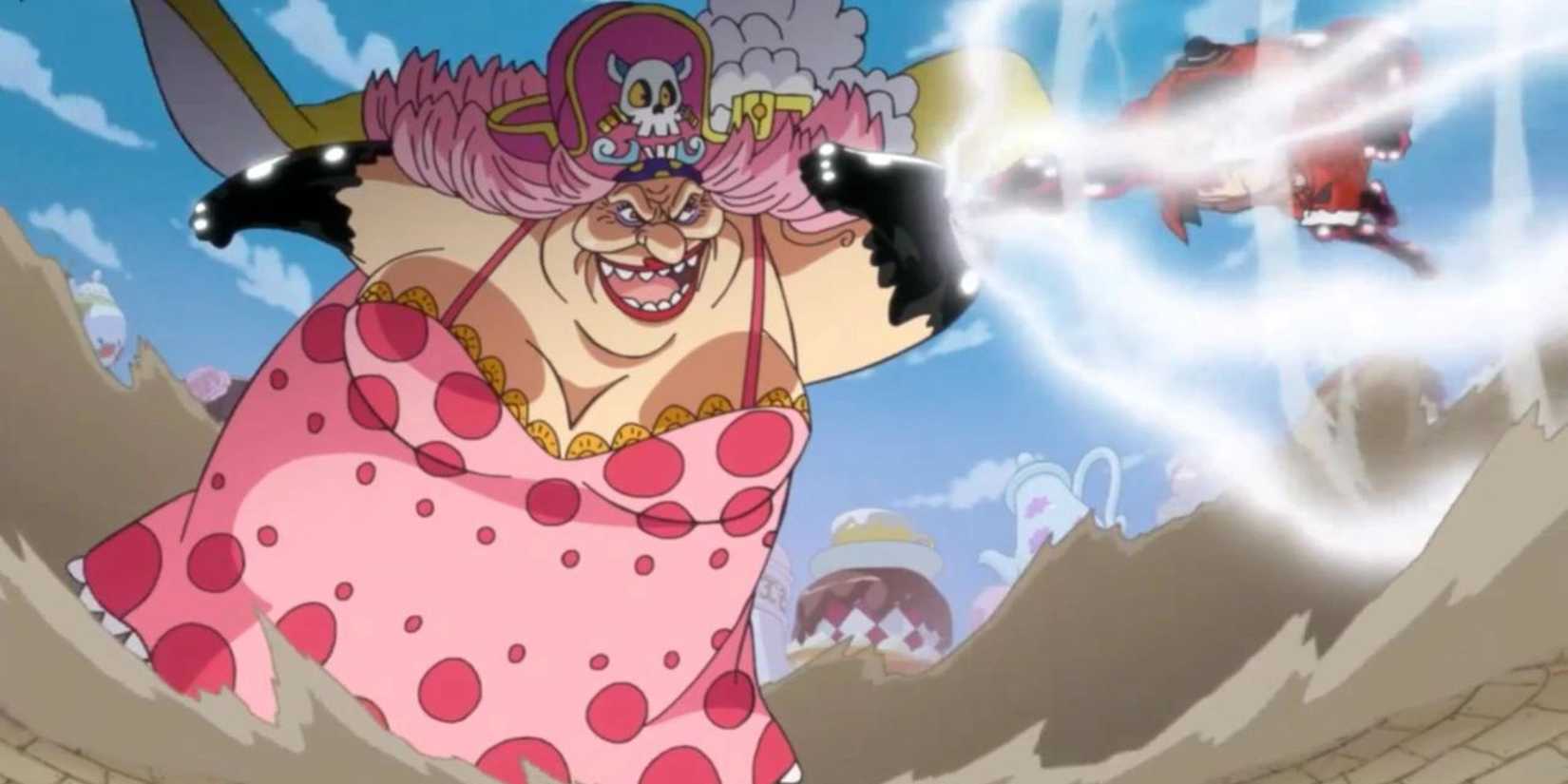 One Piece - Big Mom clashes with Luffy after he broke Mother Carmel's portrait.