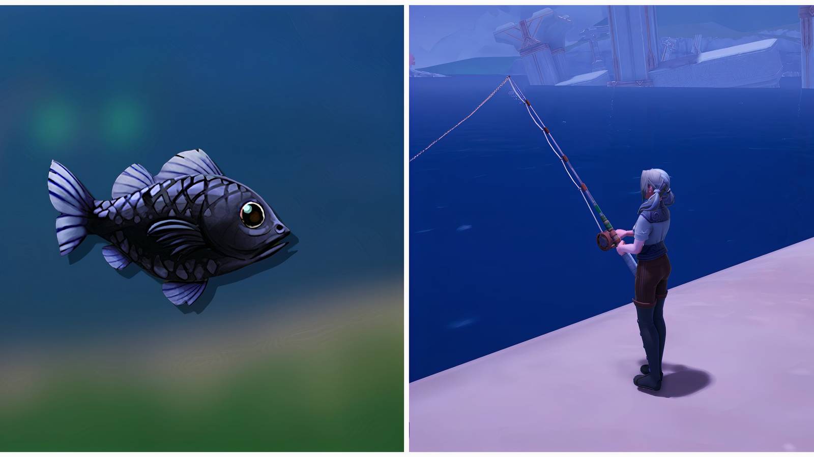 Split image of a Black Sea Bass and a character fishing in the ocean in Palia