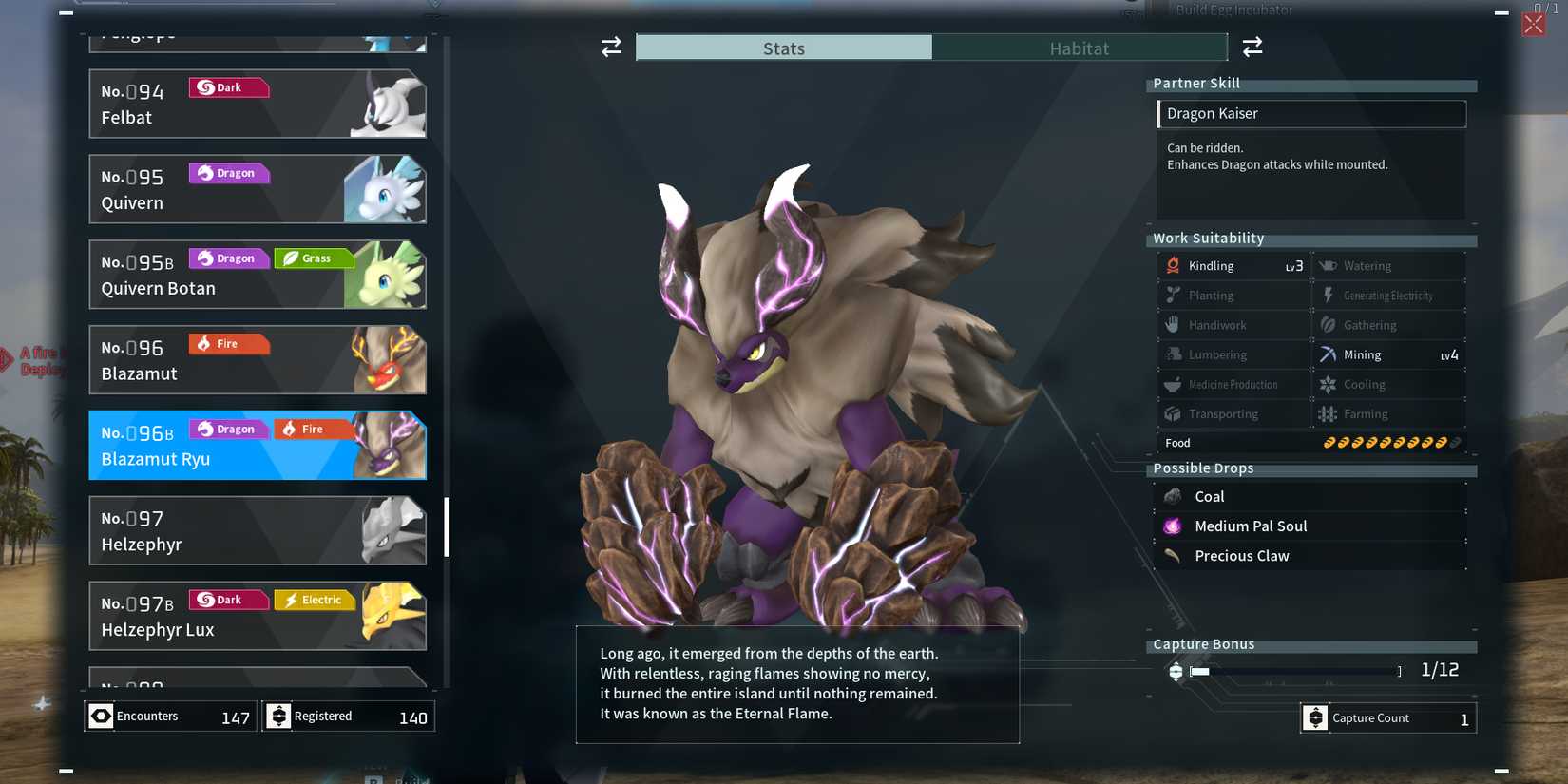 Blazamut Ryu in Palworld paldeck