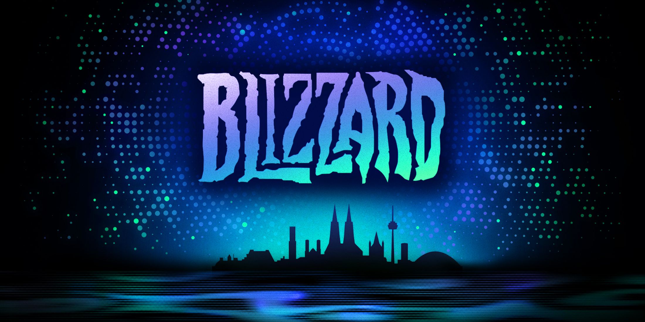 the blizzard logo over a silhouette of cologne germany for gamescom