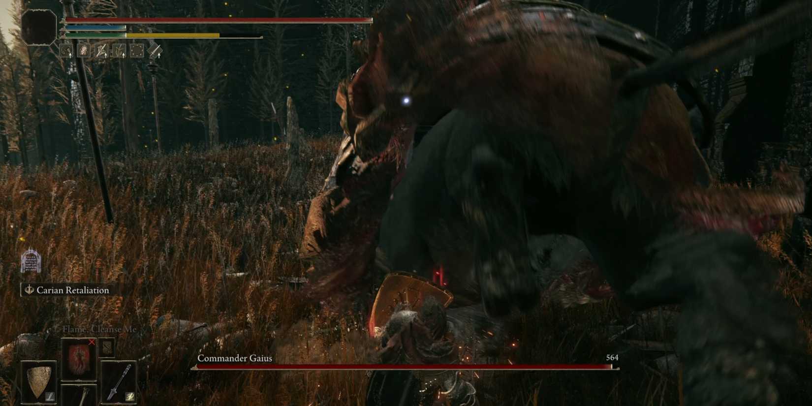 Blocking a rear kick from Commander Gaius in Elden Ring