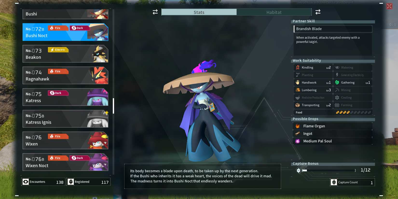 Bushi Noct in Palworld paldeck