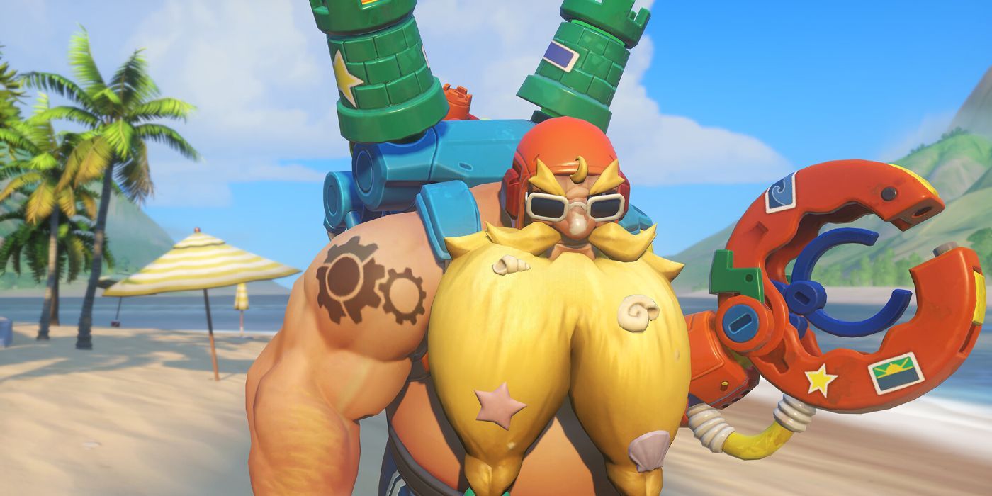 An image of the hero Torbjorn from Overwatch 2 with the Surf 'n' Splash skin equipped
