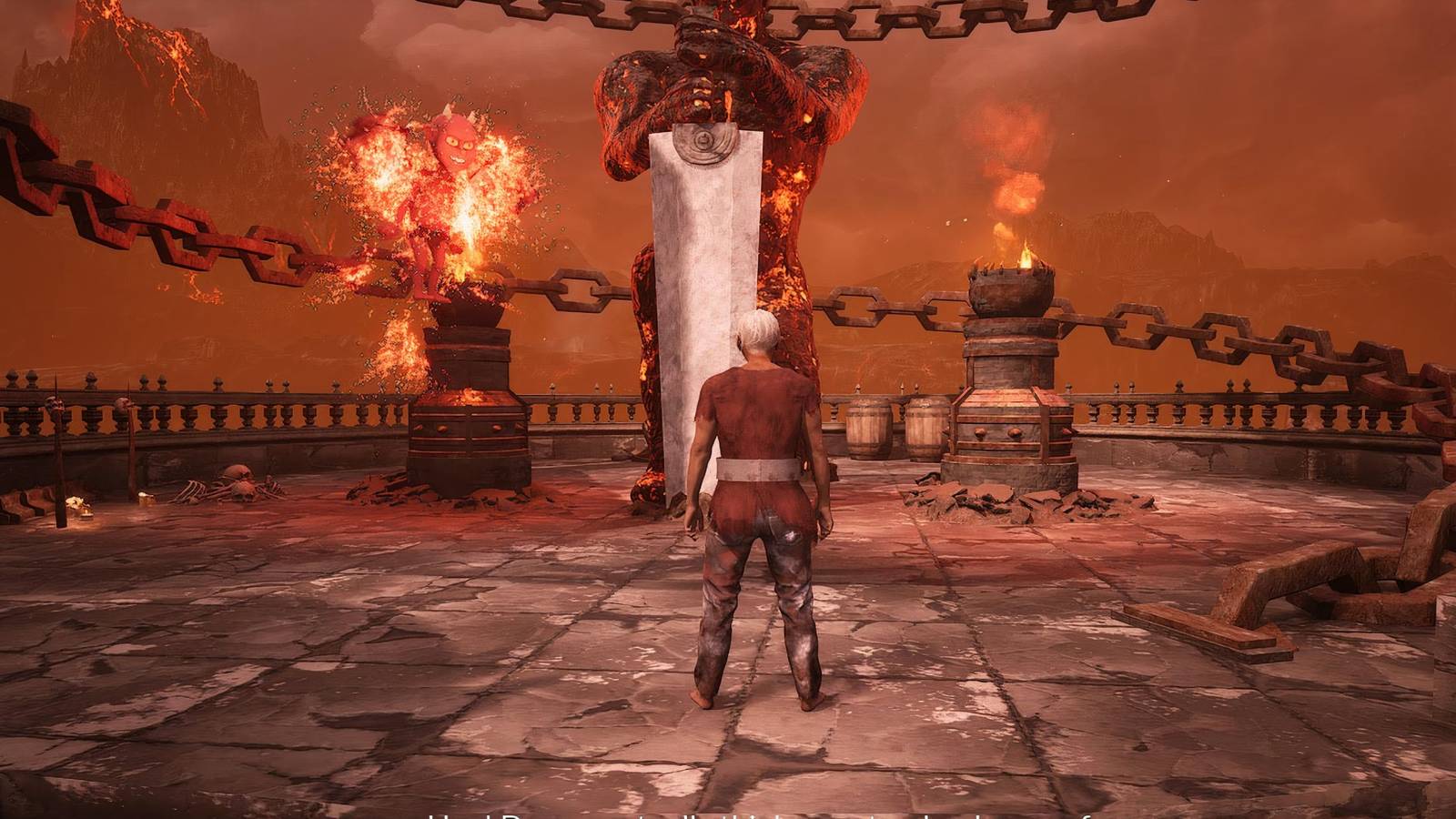A player standing near a statue in Chained Together