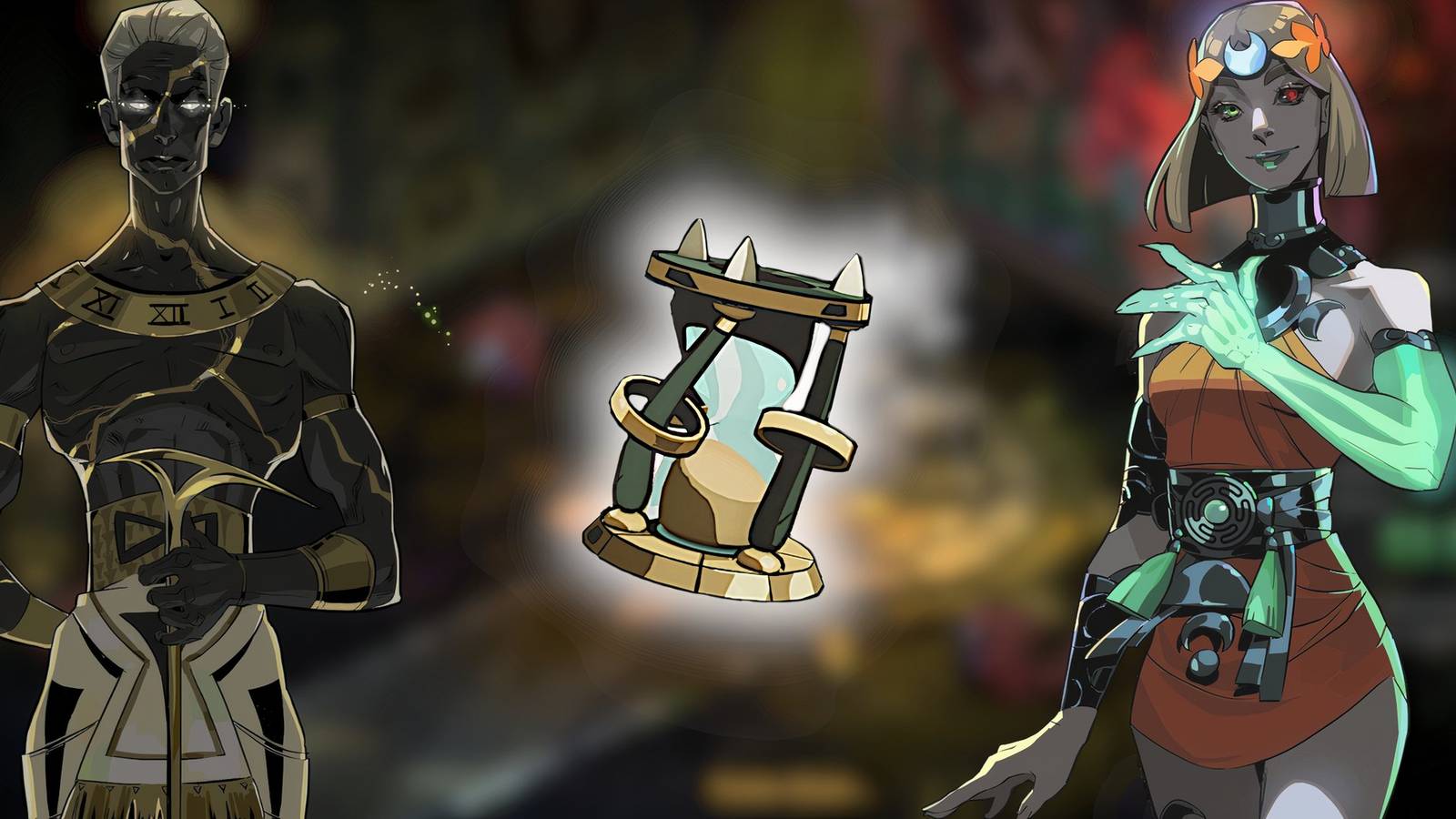 Chronos and Melinoe in a speedrun in Hades 2 with a smaller hourglass