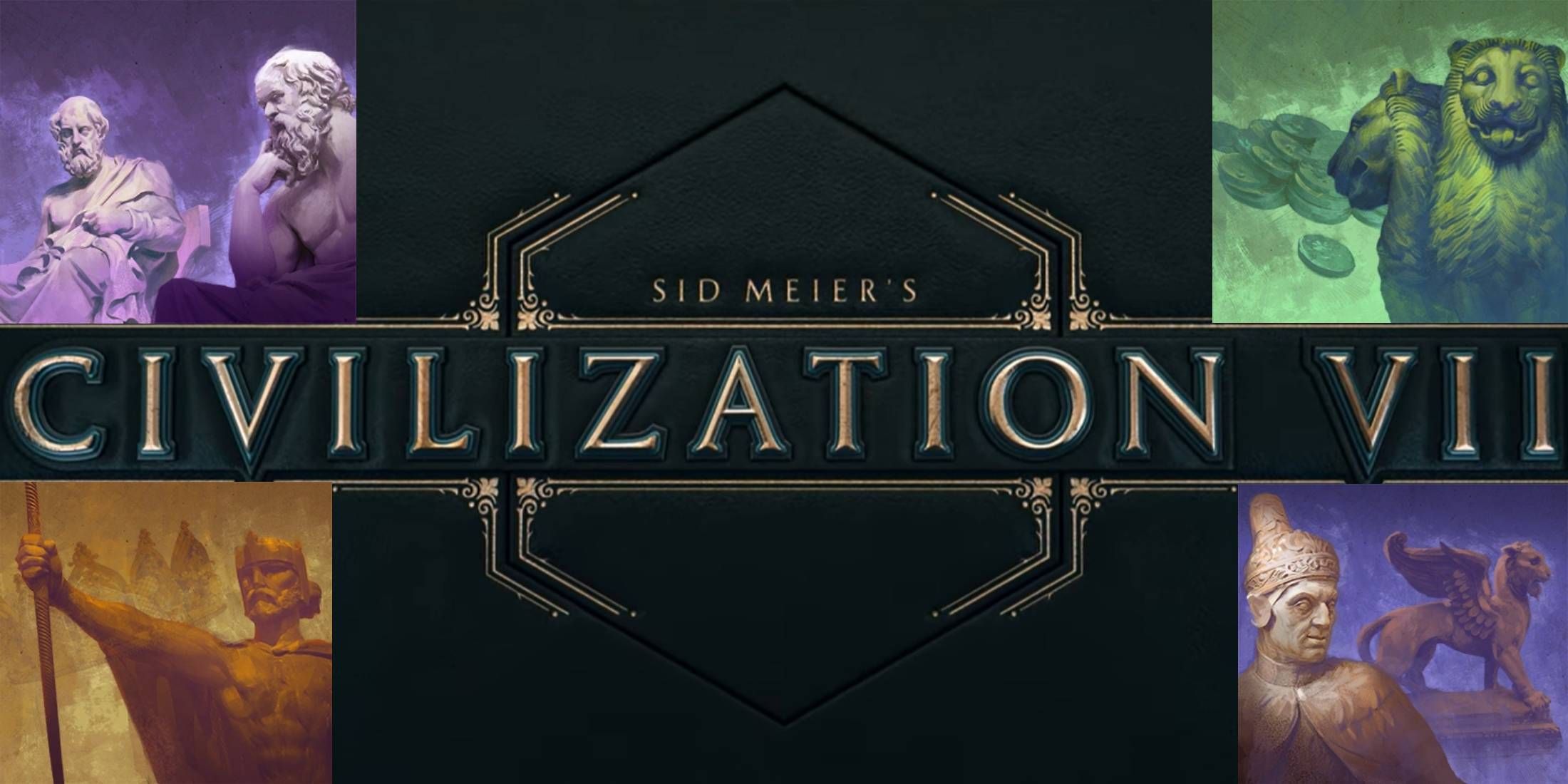 Civilization 7 logo surrounded by Classical Republic, Oligarchy, Monarchy, and Merchant Republic from Civilization 6