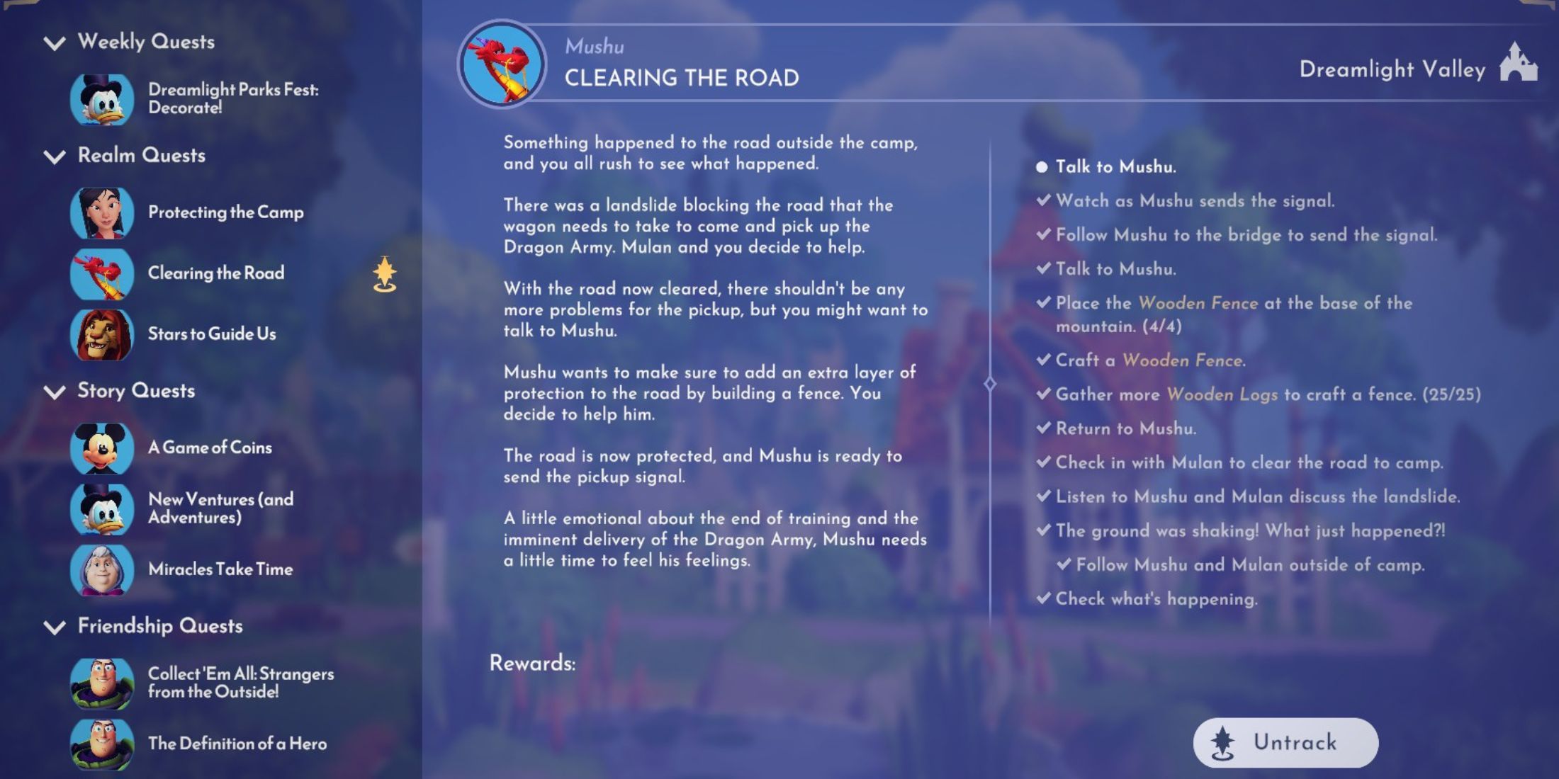 clearing the road quest description dreamlight valley
