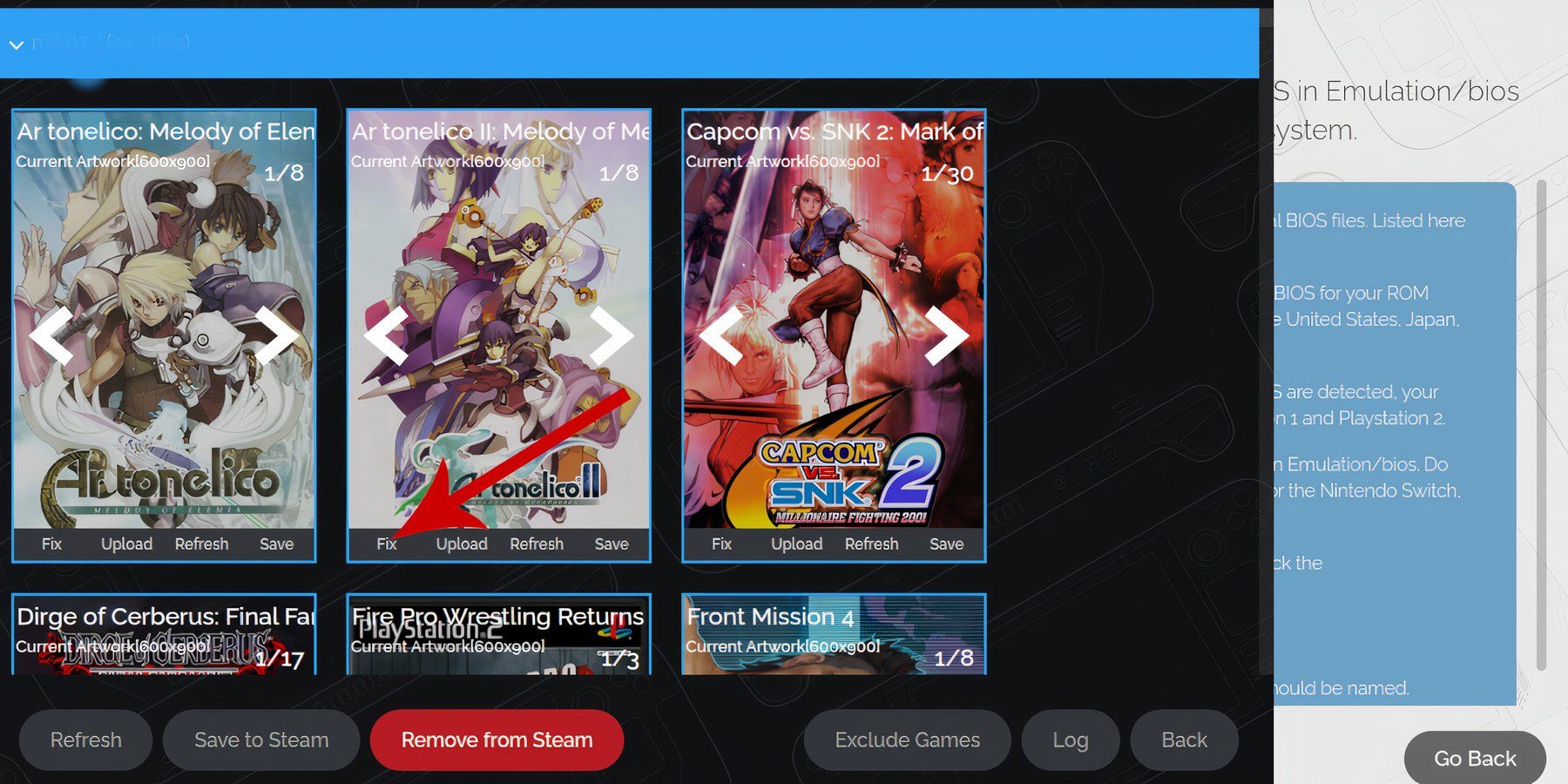 Click Fix to change or upload a cover image on the Steam Rom Manager