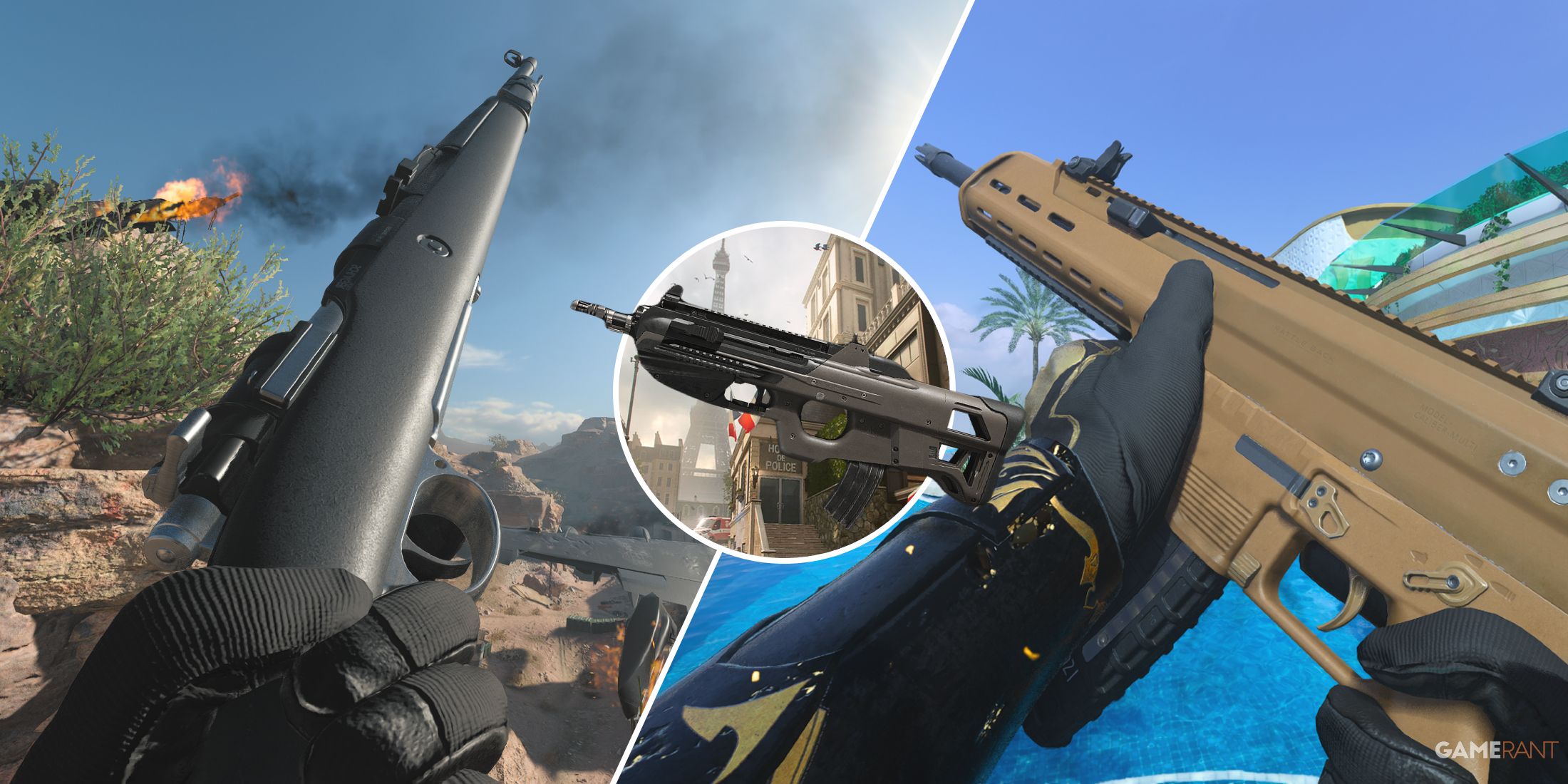 Split image showcasing the Kar98k and the MCW in Modern Warfare 3 and Warzone