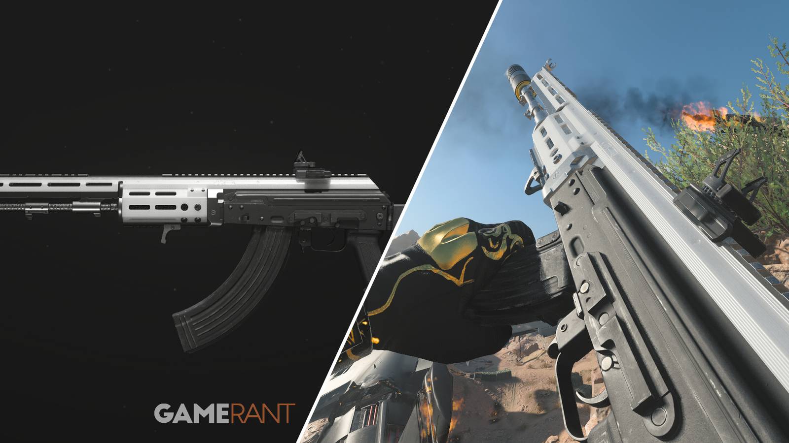 Split-image showcasing the JAK Requiem Kit for the Kastov 762 in Modern Warfare 3 and Warzone