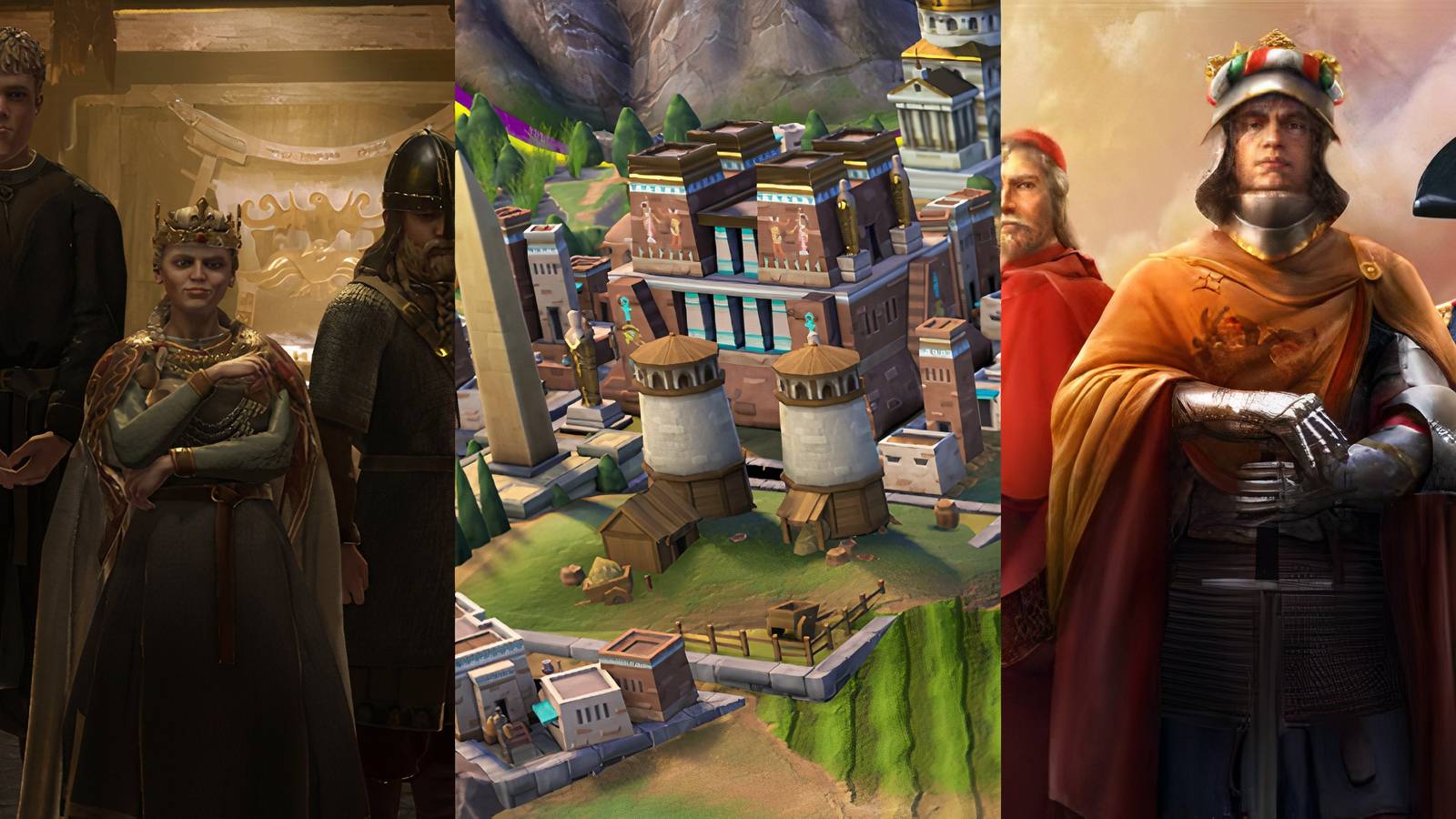 Crusader Kings 3 (left), Civilization 6 (middle), and Europa Universalis 4 (right)