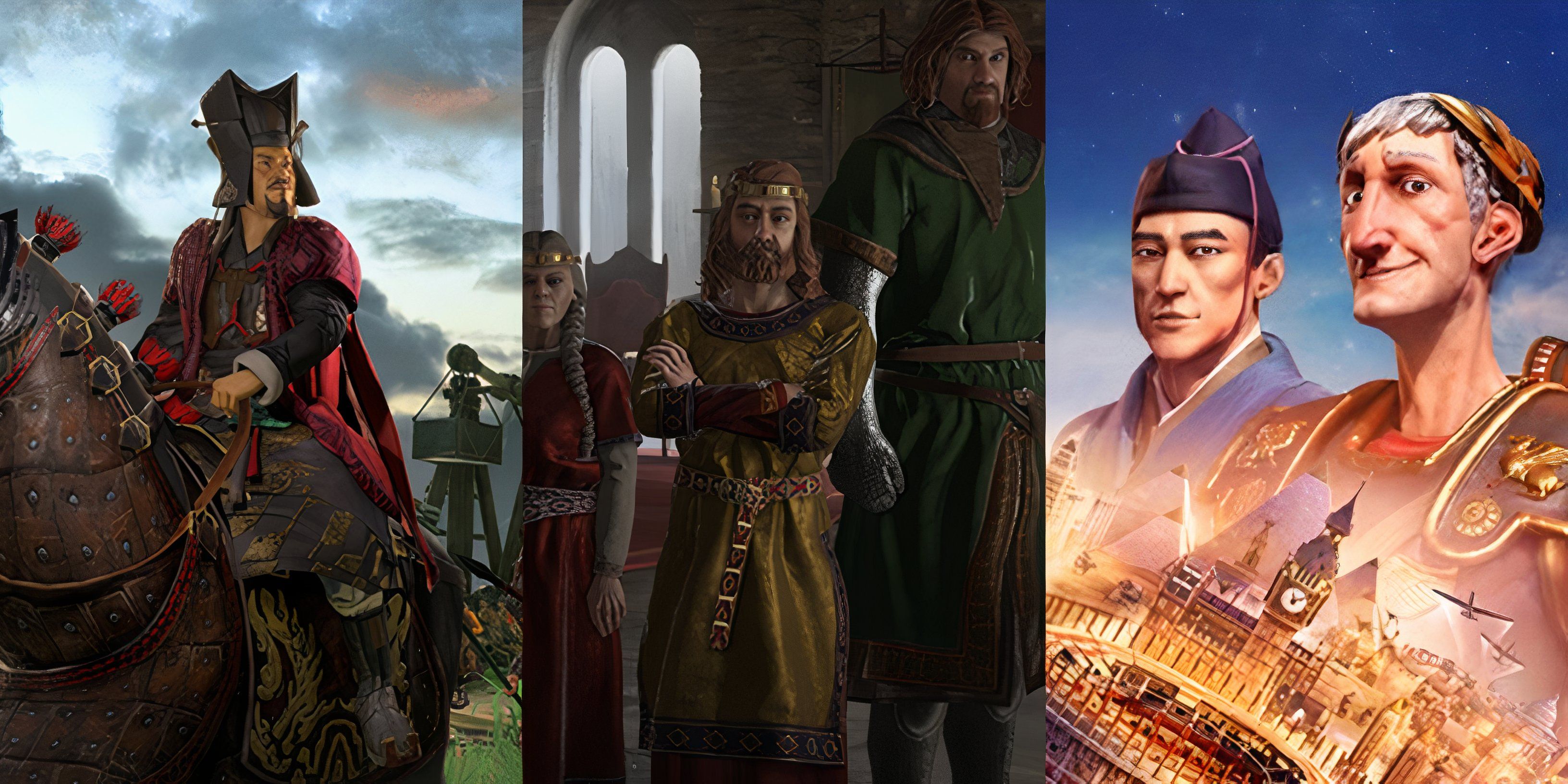 Total War: Three Kingdoms (left), Crusader Kings III (middle), and Civilization VI (right)
