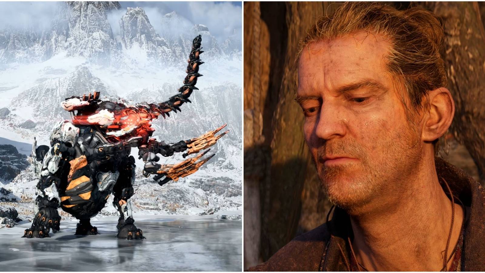 Featured image showcasing a machine from Horizon Forbidden West and a character from Hellblade 2