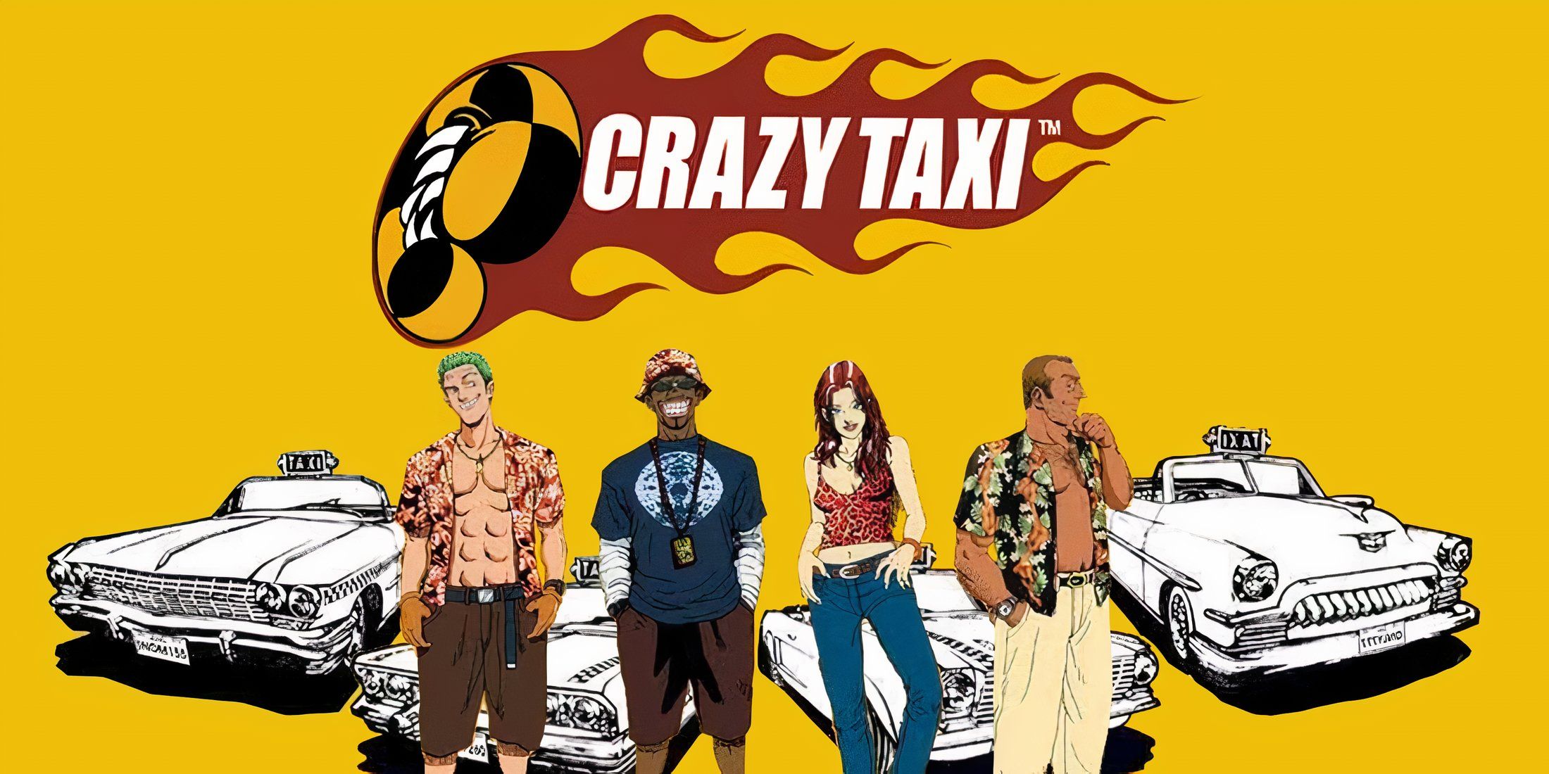 Crazy Taxi game art featuring the original four drivers