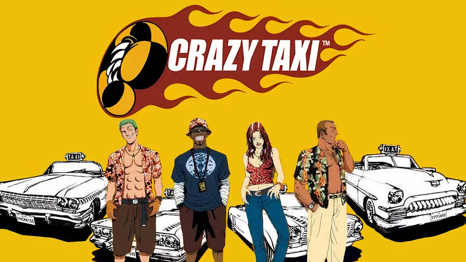 Crazy Taxi game art featuring the original four drivers