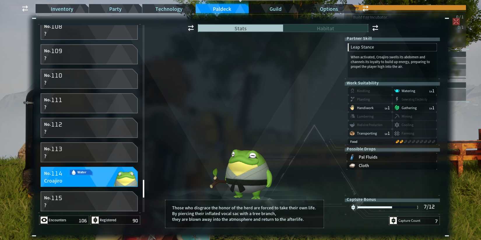 Croajiro in Palworld Paldeck entry