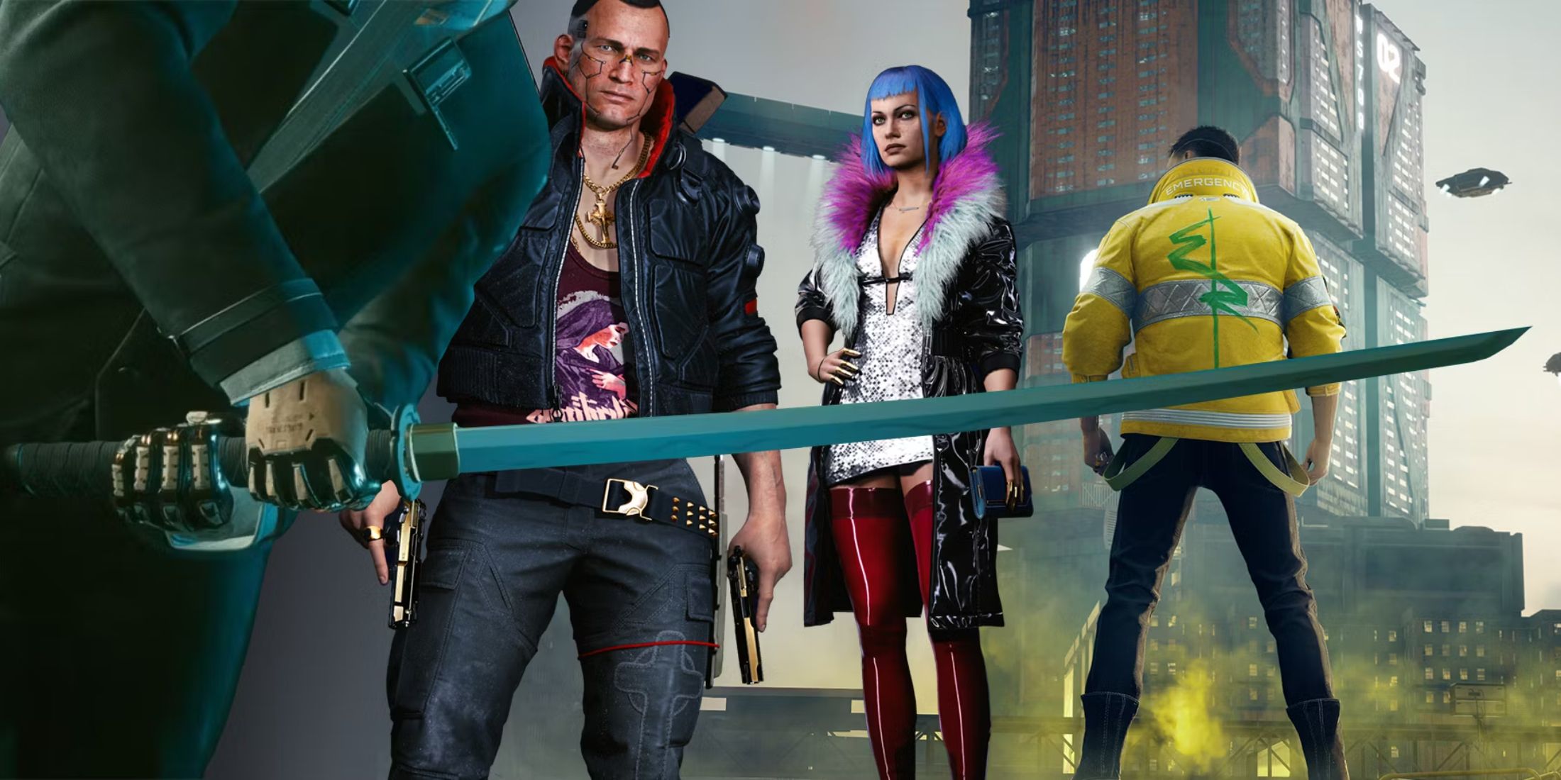 A collage of different characters from Cyberpunk 2077