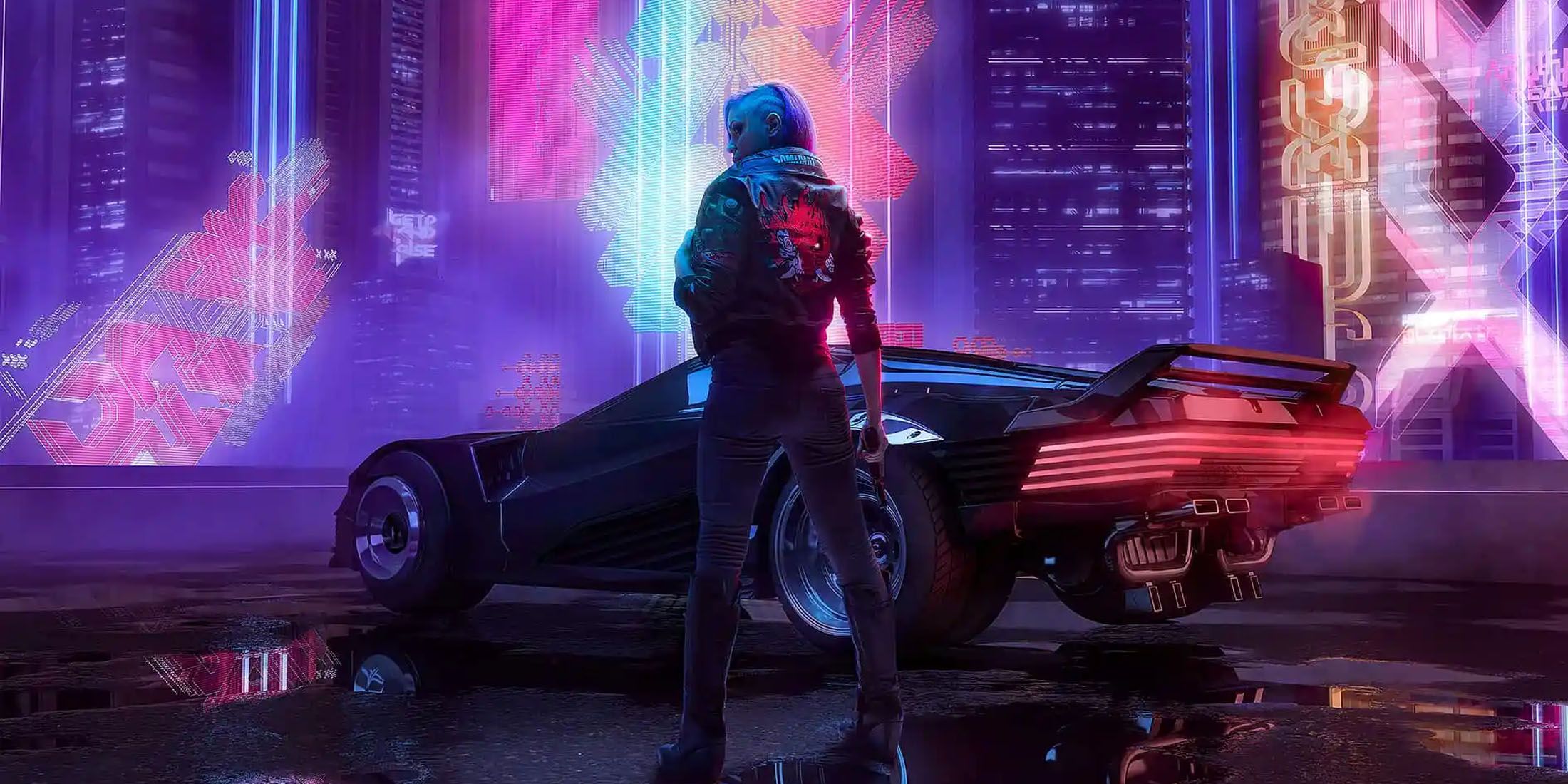 A screenshot of a female V standing in front of a car in the dark, neon-lit Night City in Cyberpunk 2077.