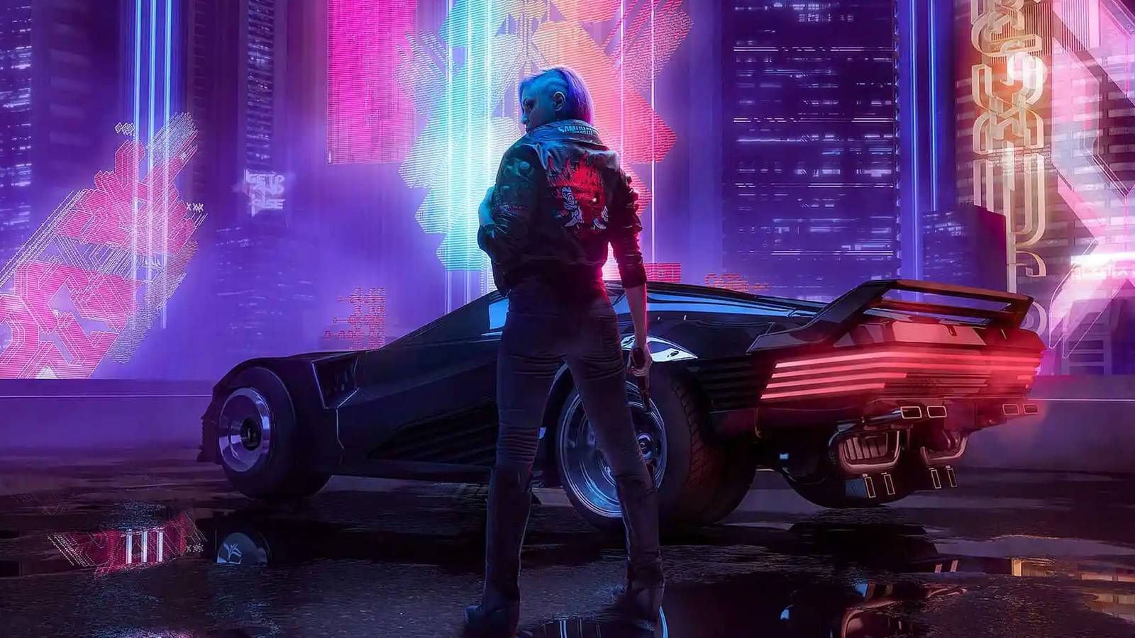 A screenshot of a female V standing in front of a car in the dark, neon-lit Night City in Cyberpunk 2077.