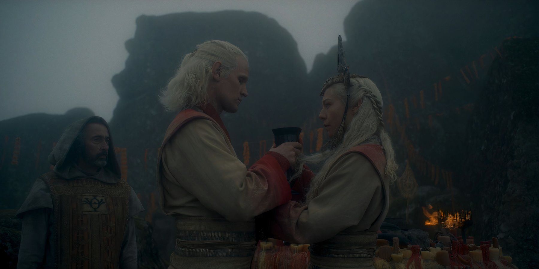 Daemon and Rhaenyra Targaryen getting married in House of the Dragon