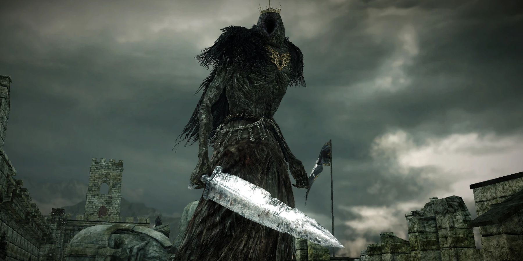Dark Souls 2 Giant Lord standing on a castle wall