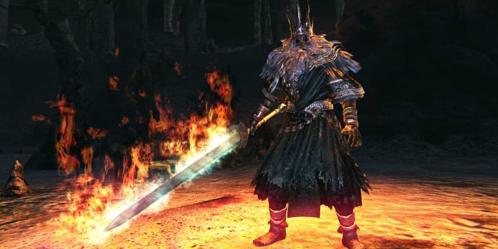 Gwyn, Lord of Cinder holding a flaming sword in Dark Souls.
