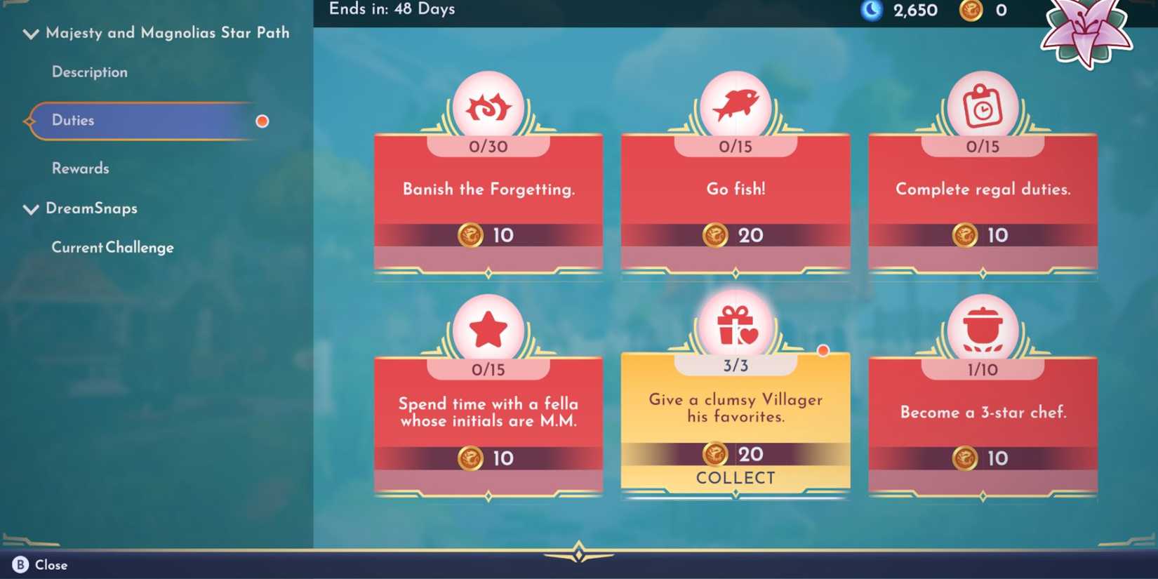 Disney Dreamlight Valley completing give a clumsy villager his favorites duty in Majesty and Magnolias star path