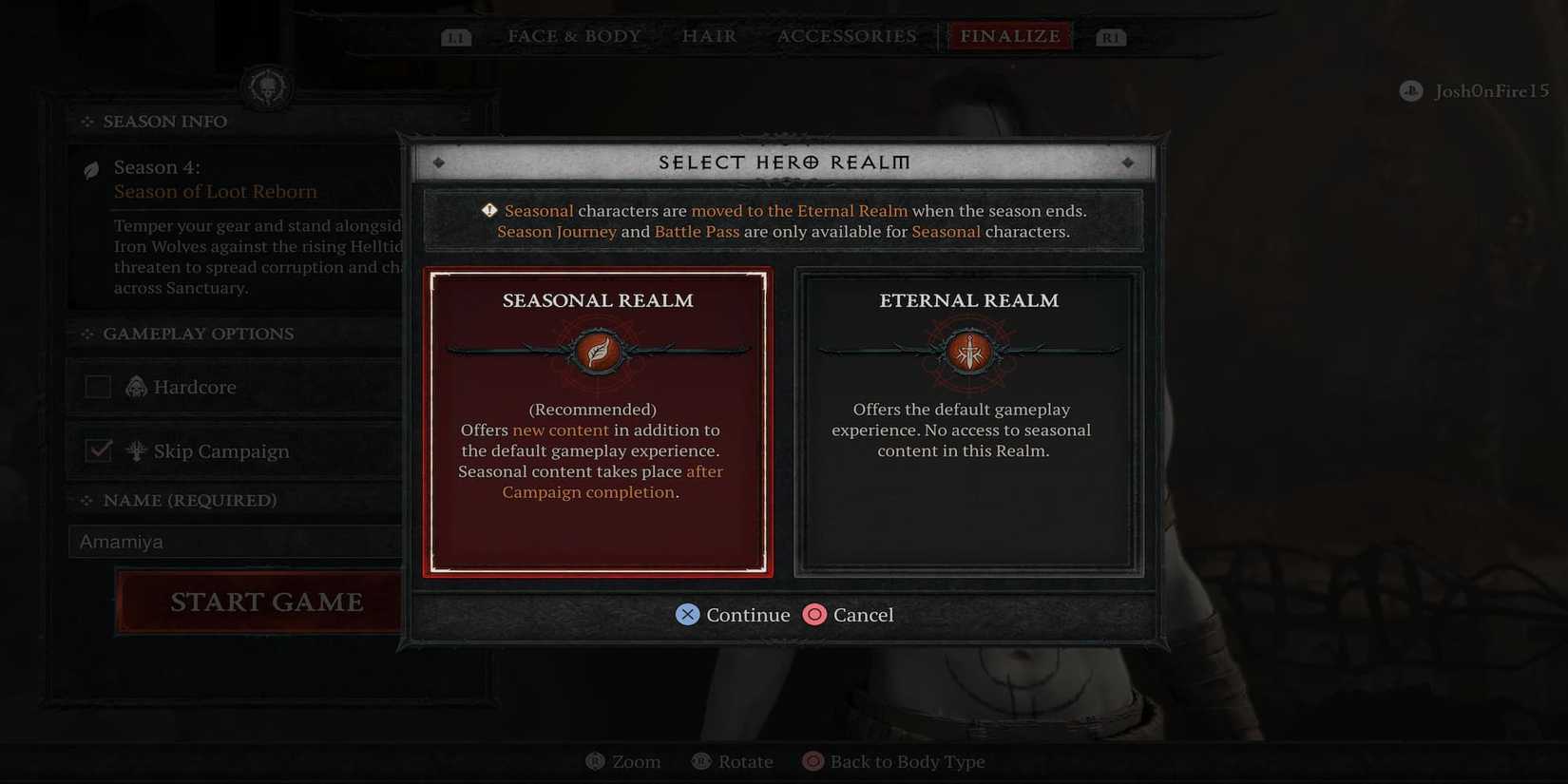 The Player Selecting To Make A Seasonal Character