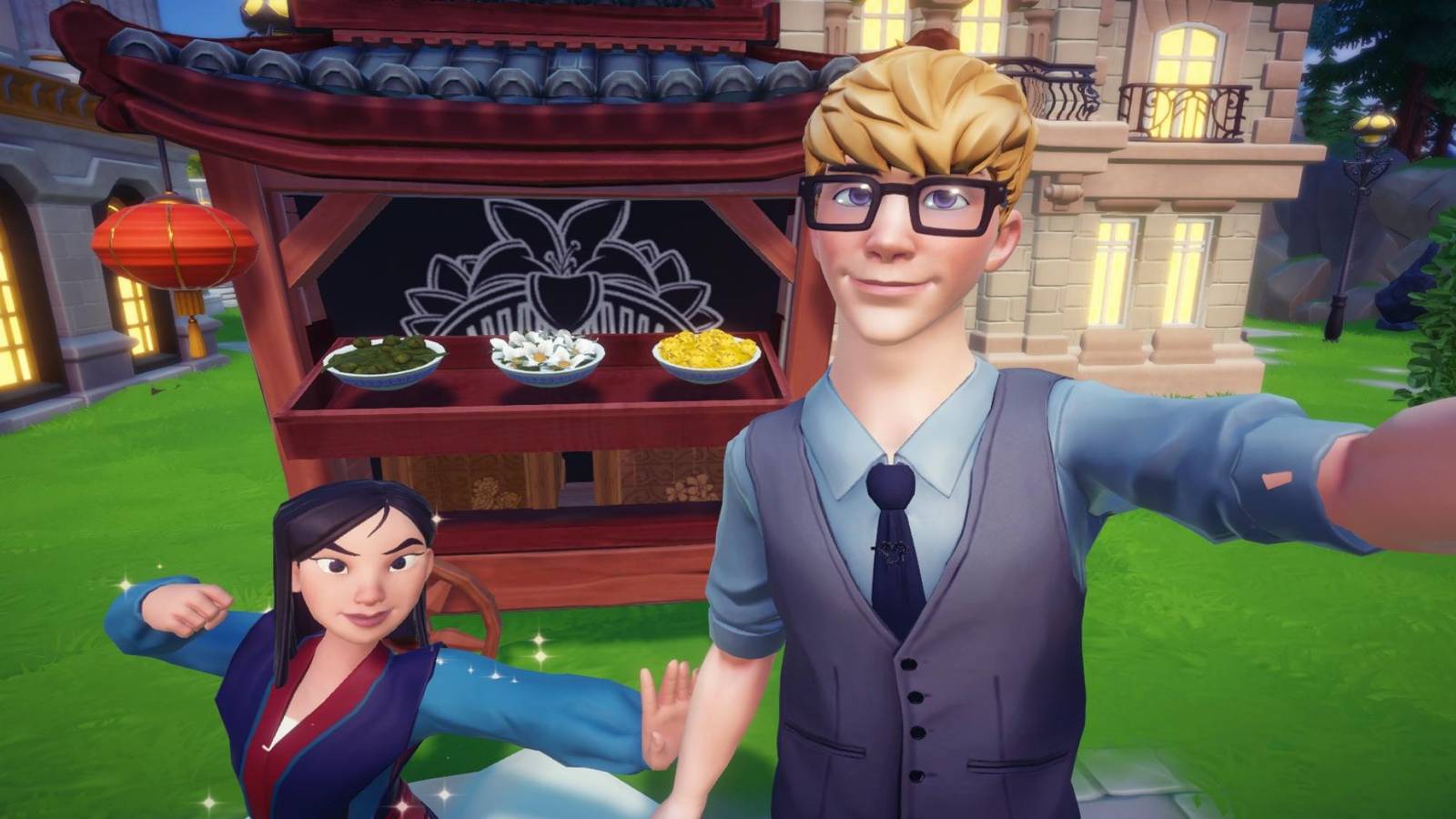 disney dreamlight valley - a daily regime selfie with Mulan and tea stall