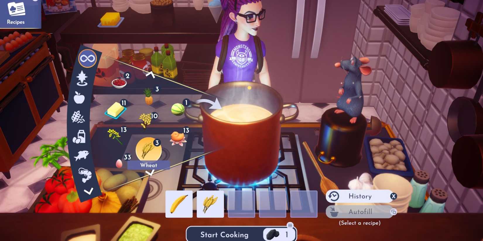 disney dreamlight valley adding ingredients for sugar free banana muffin into the cooking pot