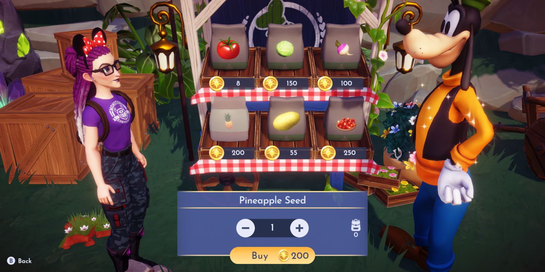 Disney dreamlight valley buying pineapple seeds from goofy stall 