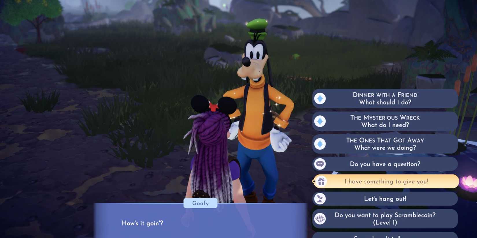 Disney Dreamlight Valley talking with Goofy